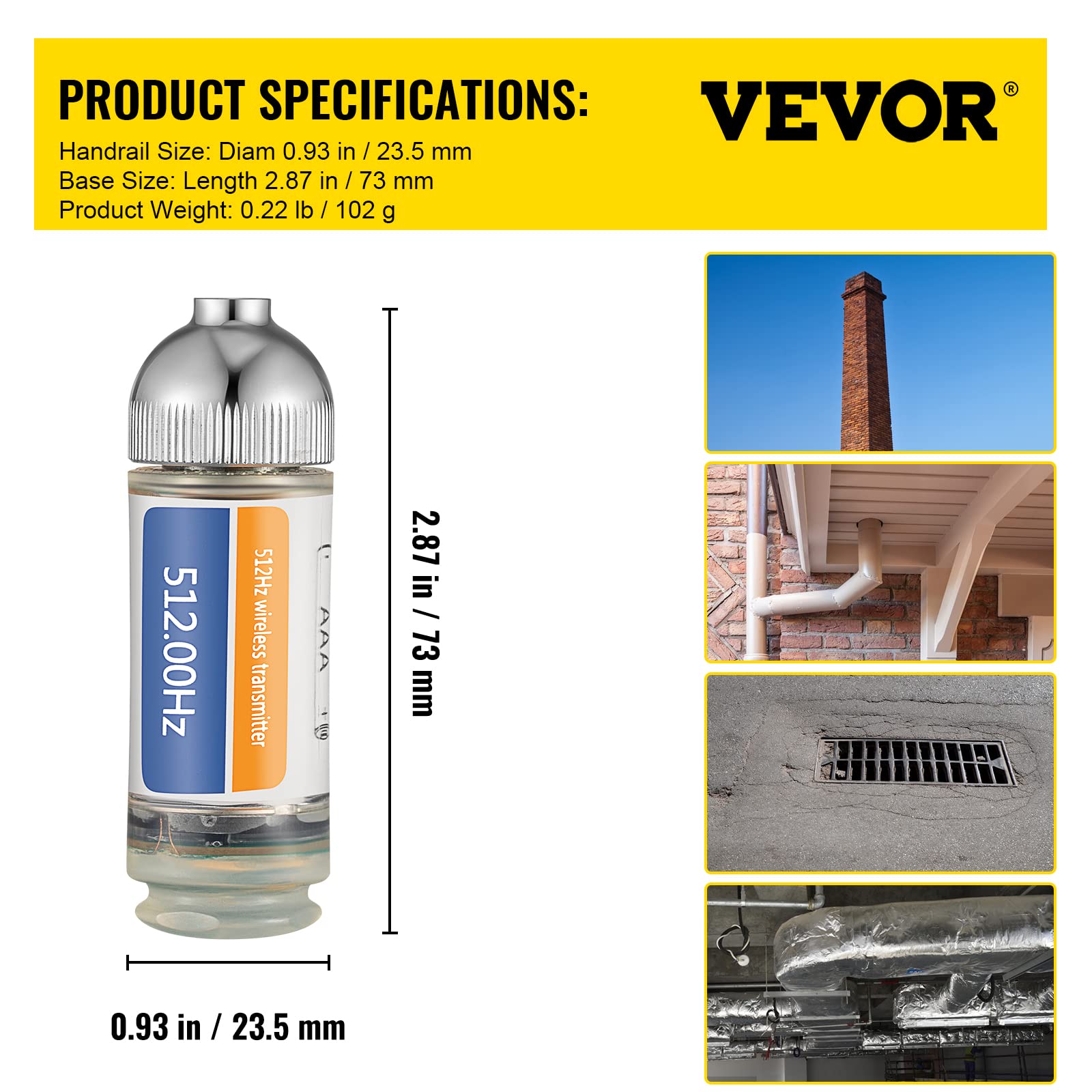 VEVOR 512HZ Sonda Conectores de 8/5" y 1/4-20" Localizador de drenaje rígido para localizar y detectar pequeñas alcantarillas y tuberías, plateado