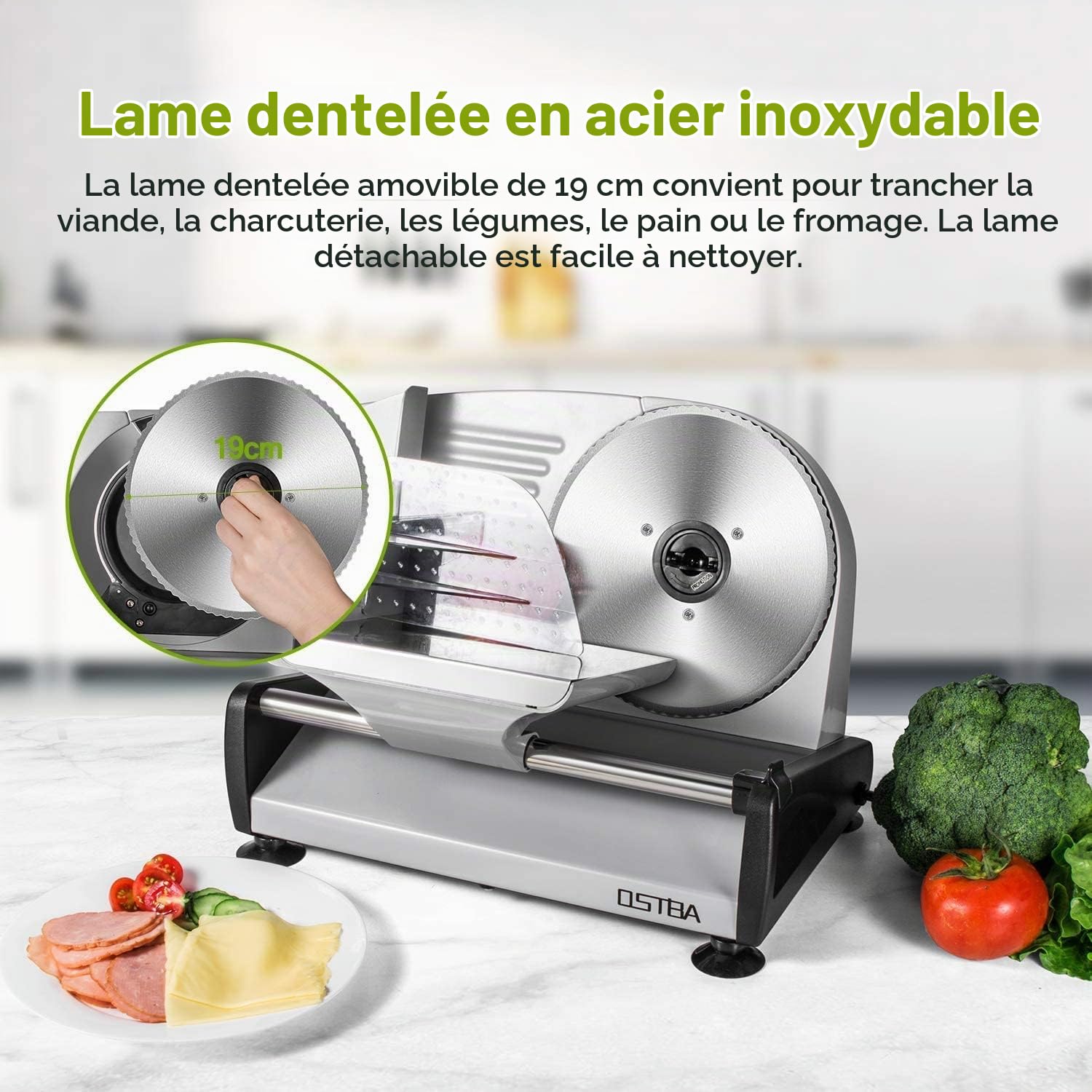 Trancheuse Électrique, Trancheuse à Jambon avec Interrupteur Sécurité Enfants, Lame en Acier Inoxydable, Epaisseur Réglage de 0-15mm pour Jambons, Saucissons, Pains, Viandes etc, 150W