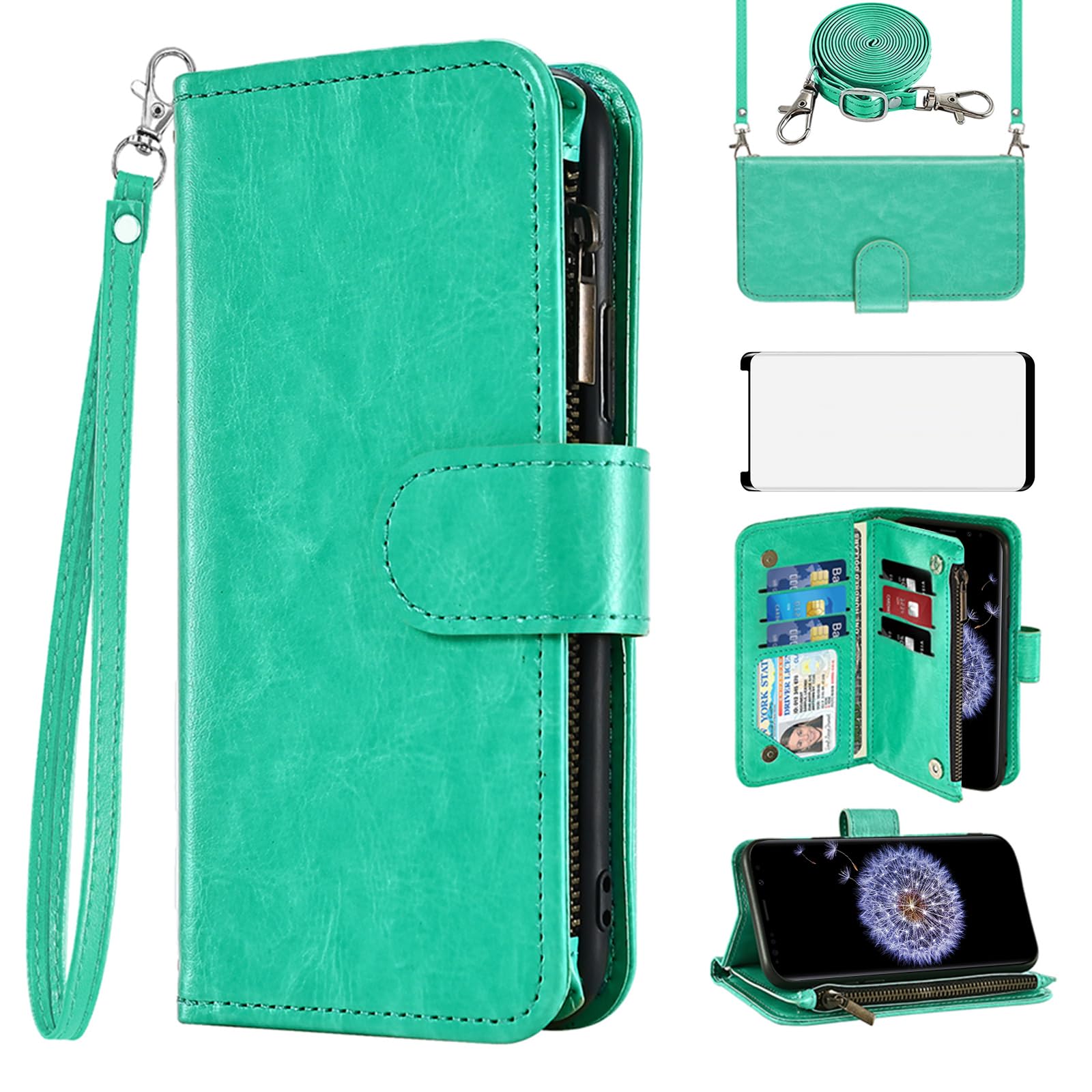 Asuwish Phone Case for Samsung Galaxy S9 Plus Wallet Cell Cover with Tempered Glass Screen Protector Crossbody Strap Flip Zipper Card Holder Slot Stand S9+ 9S 9+ S 9 9plus S9plus Women Girls Men Green