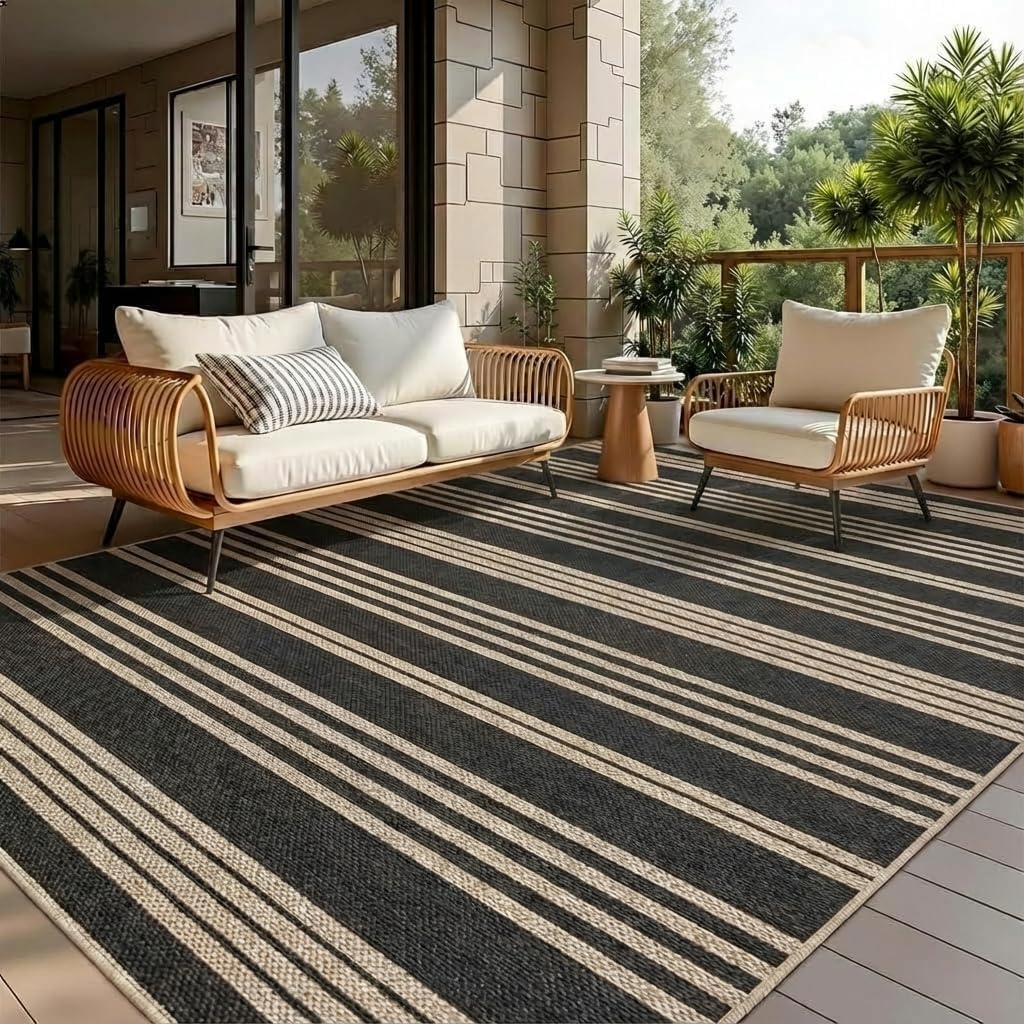 COZYLOOM Striped Easy Jute Rug 5x7 Washable Area Rug for Living Room, Modern Backyard Rugs with Non Slip Backing, Stain Resistant Non Shedding Farmhouse Mats for RV, Patio, Bedroom, Black/White