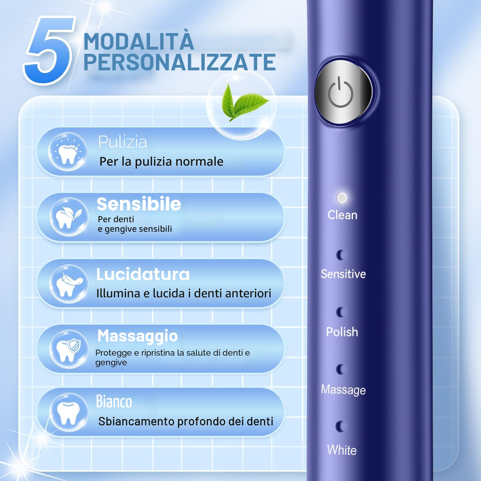 JTF Spazzolino Elettrico, Spazzolino da denti Sonico con 8 Testine, 5 Modalità & Smart Memory, Timer da 2 Min, IPX7 Impermeabile, Rechargeabilité, Ricarica Rapida 3H, Adulto (Blu)