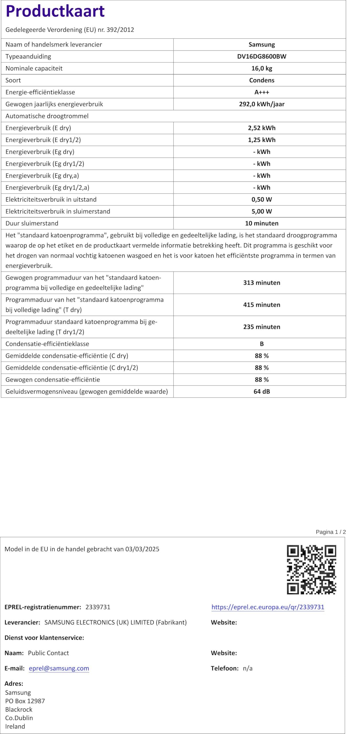 Samsung Sèche-linge Pompe à Chaleur 16 kg DV16DG8600BW/U3 Wifi AI Dry Chargement Frontal