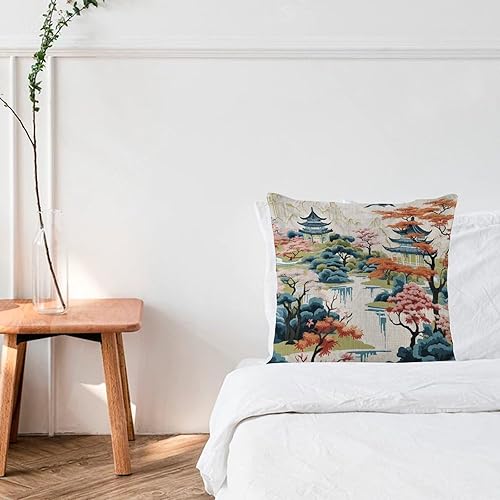 Miniatura 2 de Funda de almohada rústica de 16 x 16 pulgadas, pagoda asiática, blanca, coral, azul, decoración, cómoda, funda de cojín asiática con pájaros