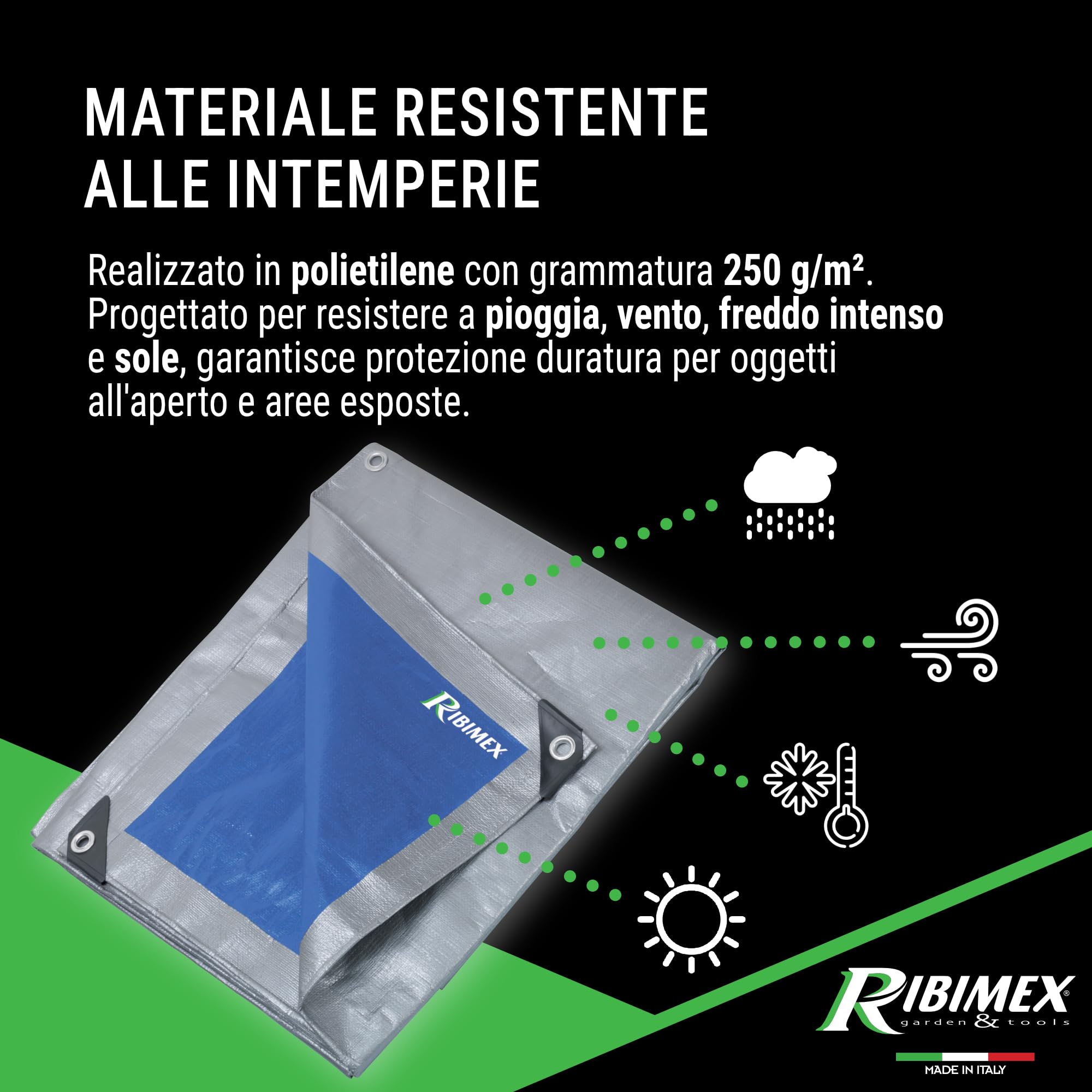 Ribimex Telone Impermeabile per Esterno PRO 5x8 m in Polietilene con Occhielli in Alluminio, Angoli e Orli Rinforzati, 250 gr/m², Ideale per Uso Prolungato e Protezione da Intemperie - PRB25005X08