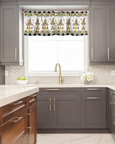 Miniatura 5 de Cenefa de ventana de gnomo de abeja de granja, cenefas de girasol para ventanas de cocina, cortina de cenefa con bolsillo para barra de cortina,