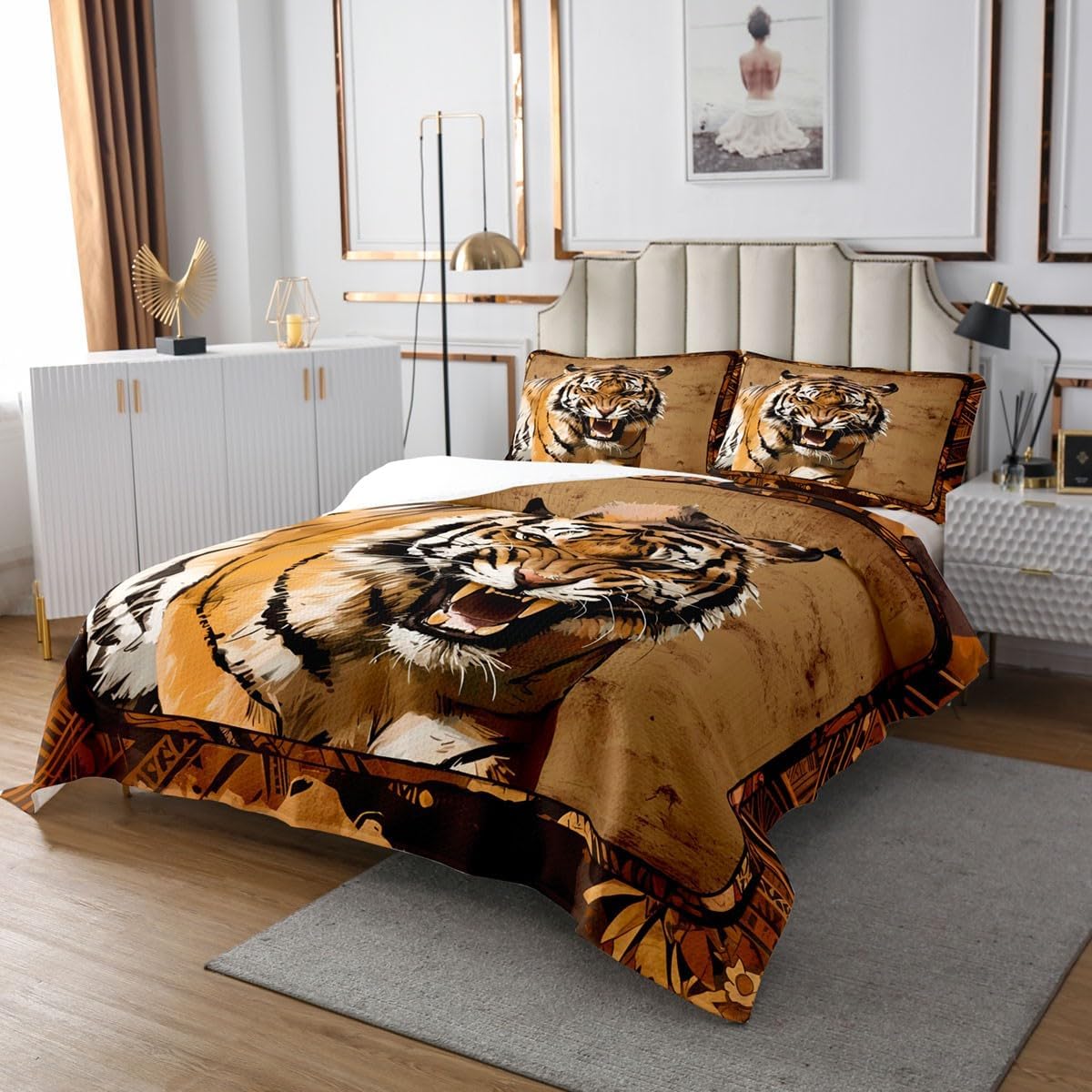 Cool Safari Big Cat Bedspread King,3D Tiger Wild Animal Quilted Coverlet 3pcs for Adults Teens Room Decor,Tiger Soft Breathable Bedding Quilt
