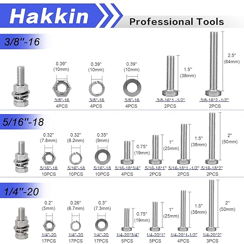 Miniatura 4 de Kit de 124 tuercas y pernos hexagonales, kit de tornillos y tuercas hexagonales de acero inoxidable, juego de arandelas de resorte plano y de