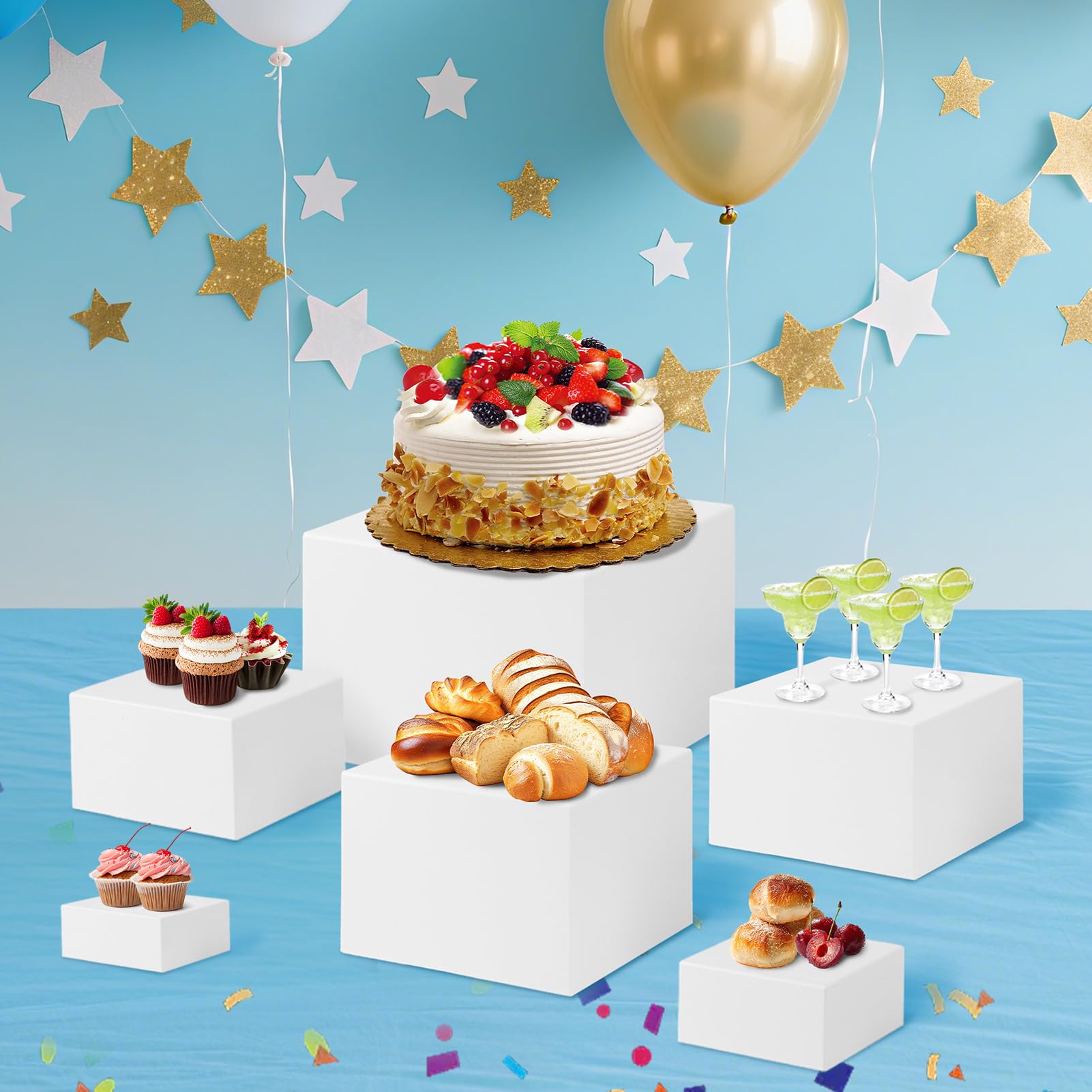 Wakects Lot de 6 Support à Buffet, Presentoir a Gateau Cube Présentoir Acrylique Emboîtable avec Fonds Creux pour Desserts, Buffets, Cosmétiques, Pièces de Collection Display (Blanc)