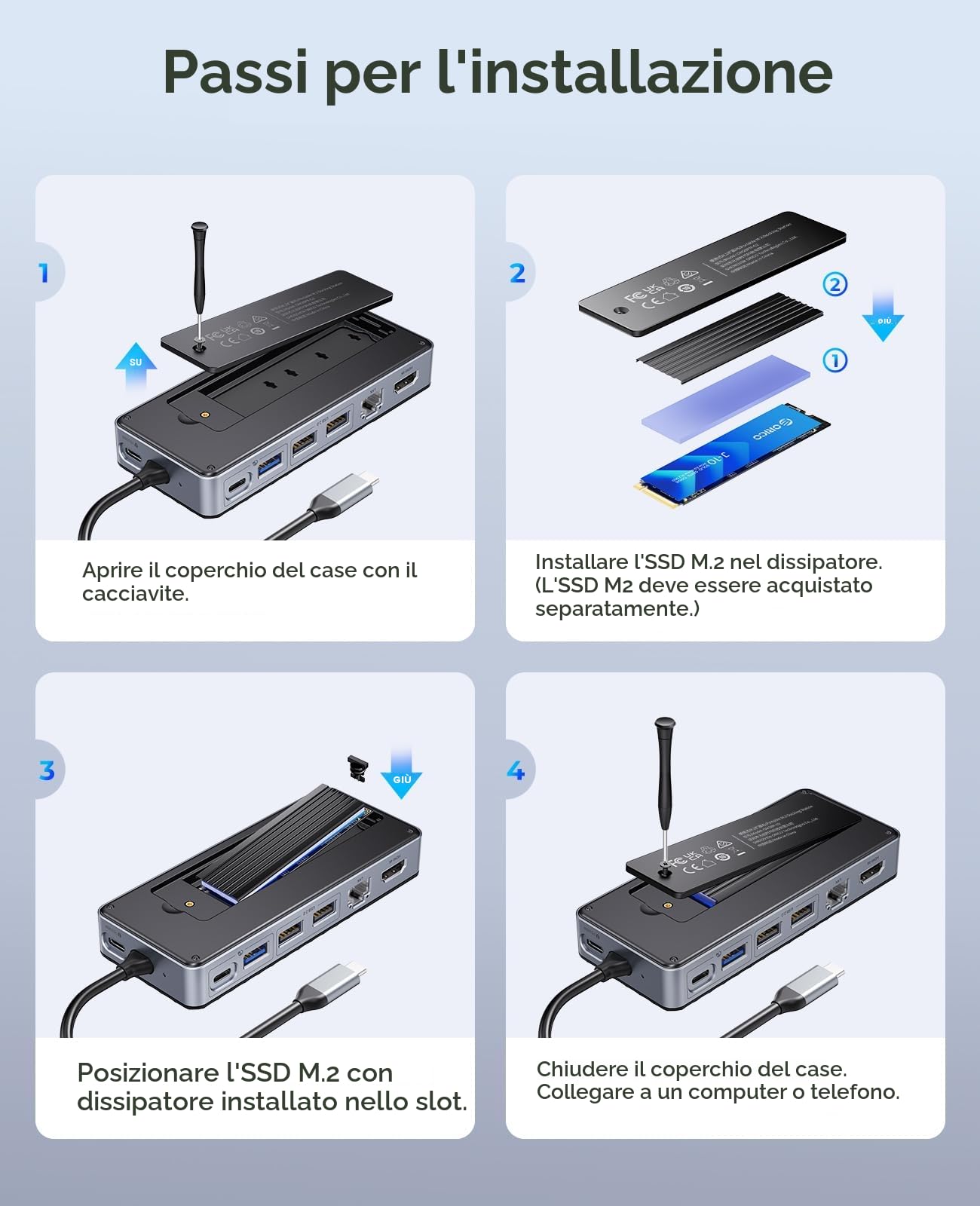 ORICO 8 in 1 USB C Docking Station con Case SSD M.2, USB C Hub con SSD M.2 NVMe/SATA, 10Gbps, 4K@60Hz HDMI, 100W PD, Ethernet, Lunghezza del Cavo 15cm - OM28PR