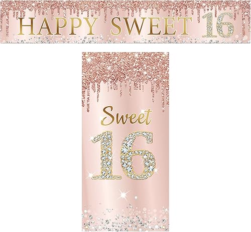 Cartel decorativo de cumpleaños de 16 años para niñas, cubierta de puerta de feliz cumpleaños de 16 años y suministros para fiesta, decoración de