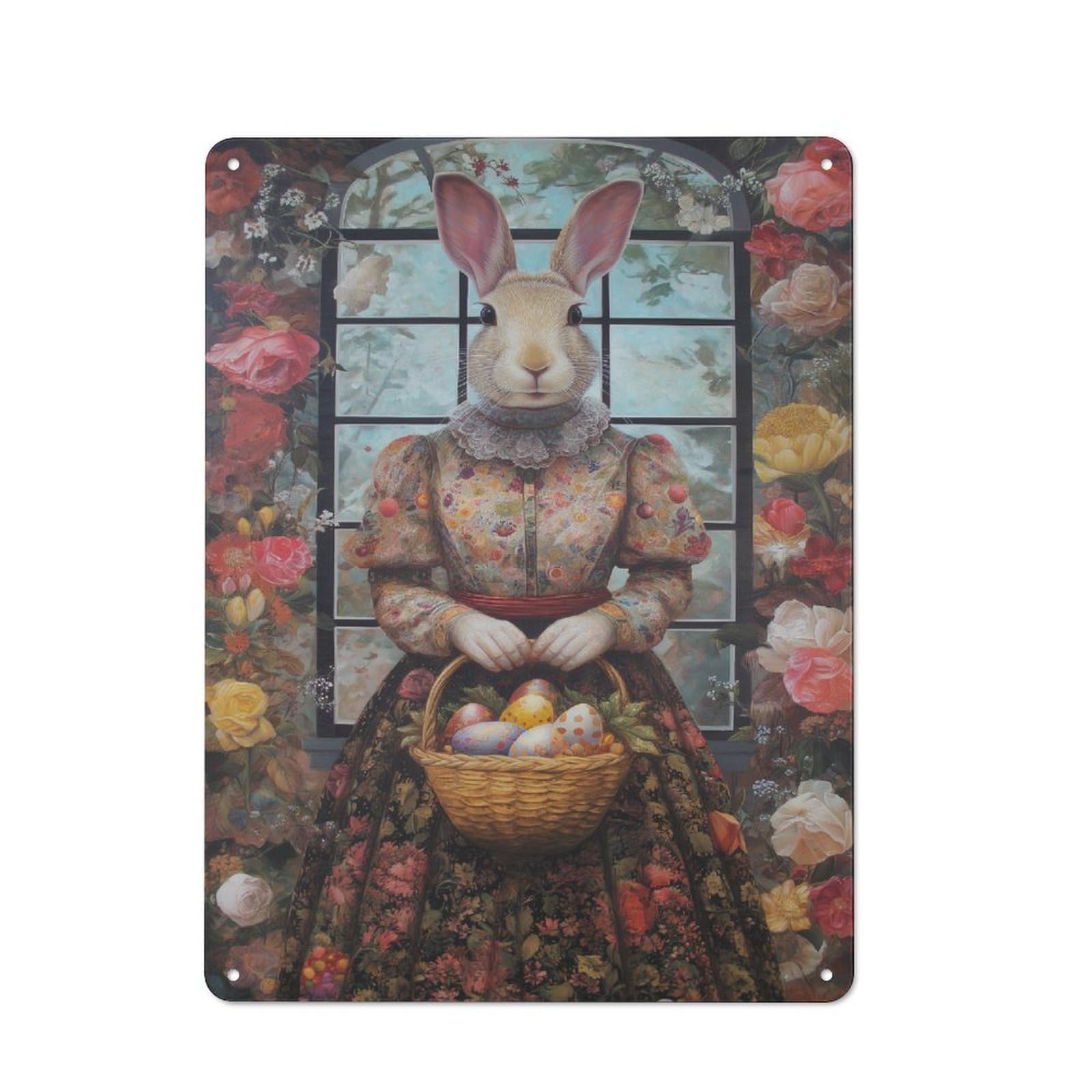 Office Metal Sign with Easter Bunny with Eggs Basket Design 40x30cm, Classic Study Room Decor for Office, Study, Studio Or Hallway