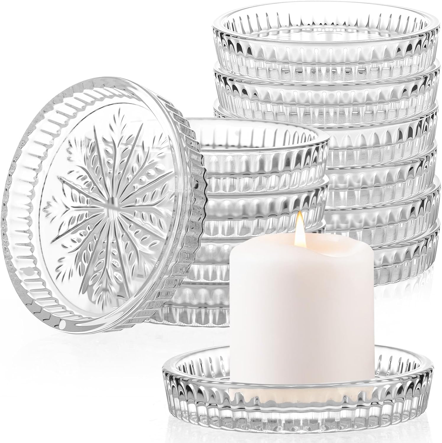 12 Pcs Round Glass Candle Holder, 3.74 Inch Clear Winter Snowflake Candle Plate Crystal Votive Candles Coasters for Christmas Winter Weddings Party Holiday Birthday Home Table Decor