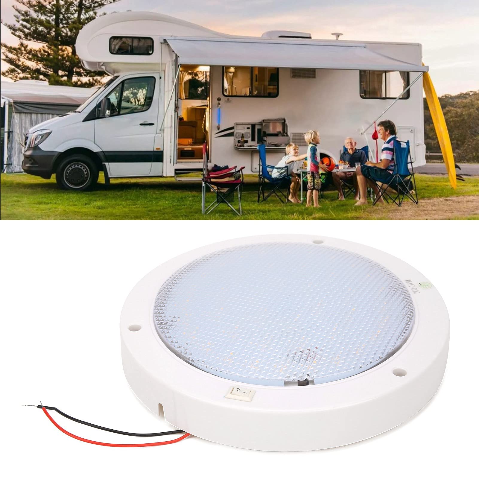 Plafonnier à LED pour Camping car, 12V 300 LM Caravane Lampe de Plafond Éclairage avec Interrupteur Marche/Arrêt et Indicateur Bleu éclairage de Remplacement Solaire Adapté Aux Bateau (Blanc Chaud)