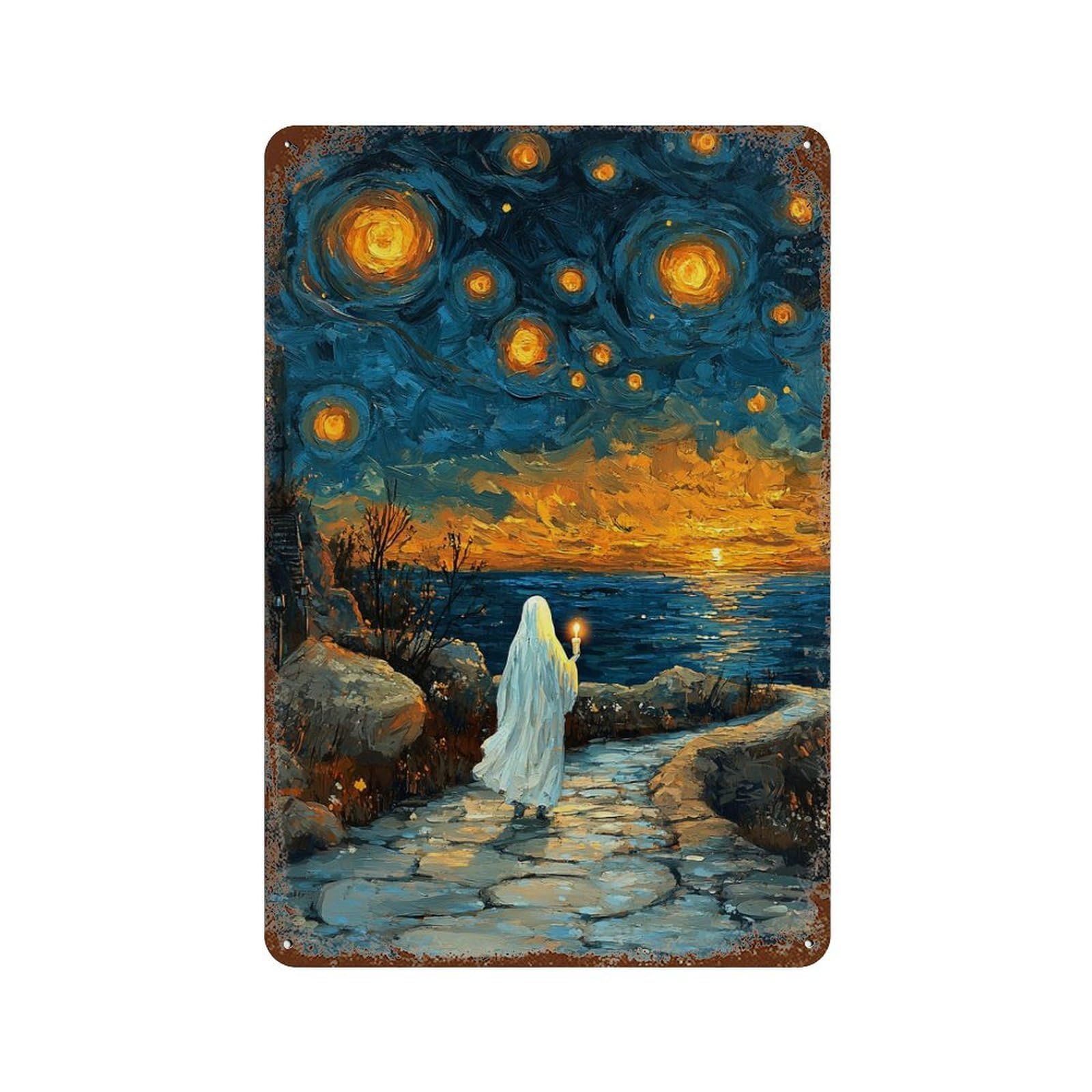 Ghostly Pathway with Candlelight 11.8"x7.9" Weathered Tin Sign, Shabby Chic Decor for Farmhouse, Kitchen And Entryway Decor