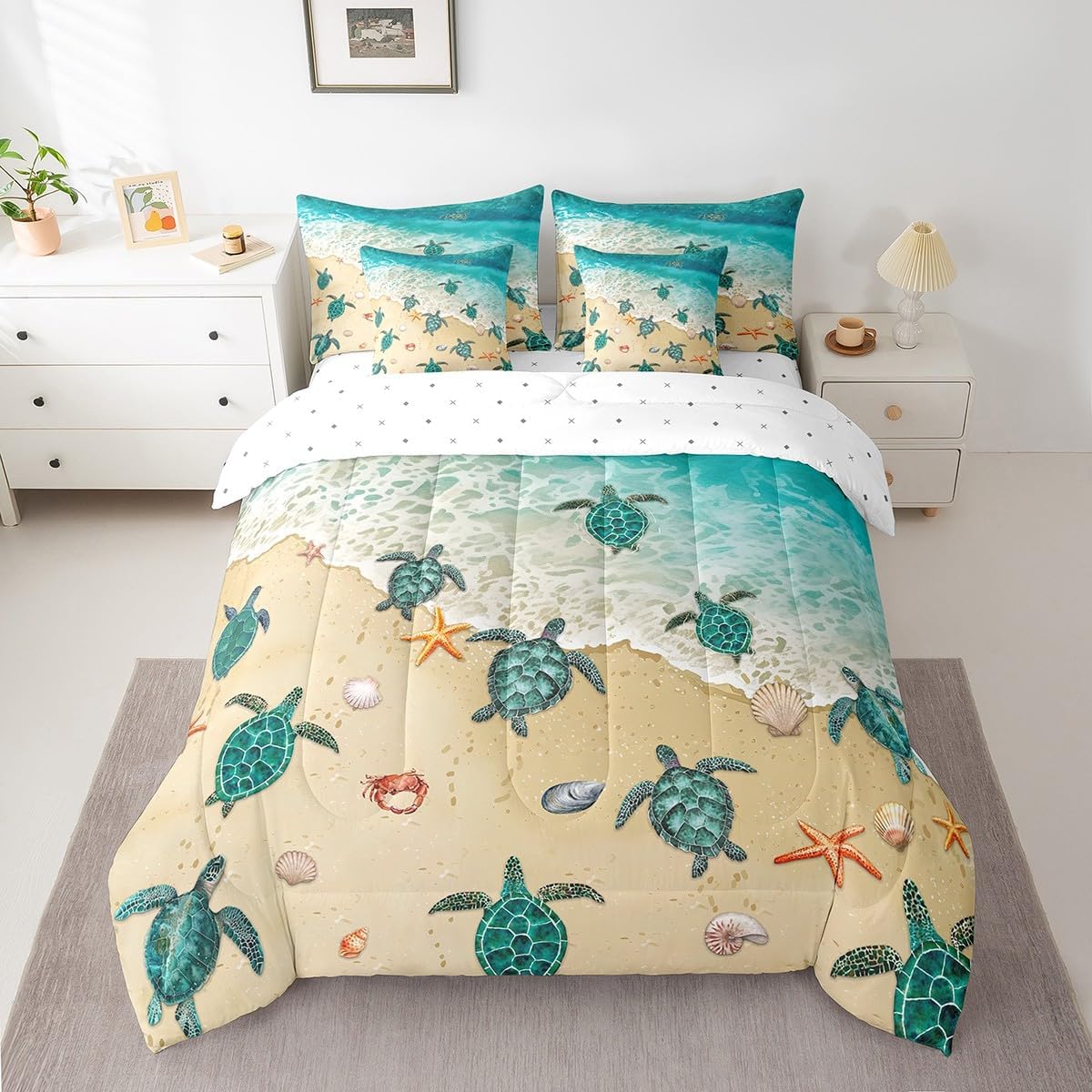 Erosebridal Teal Sea Turtle Bed in a Bag Queen Comforter Set 7 Piece,Tropical Hawaii Beach Bedding Sets Ocean Tortoise Sea Waves Sheet Set with Comforter