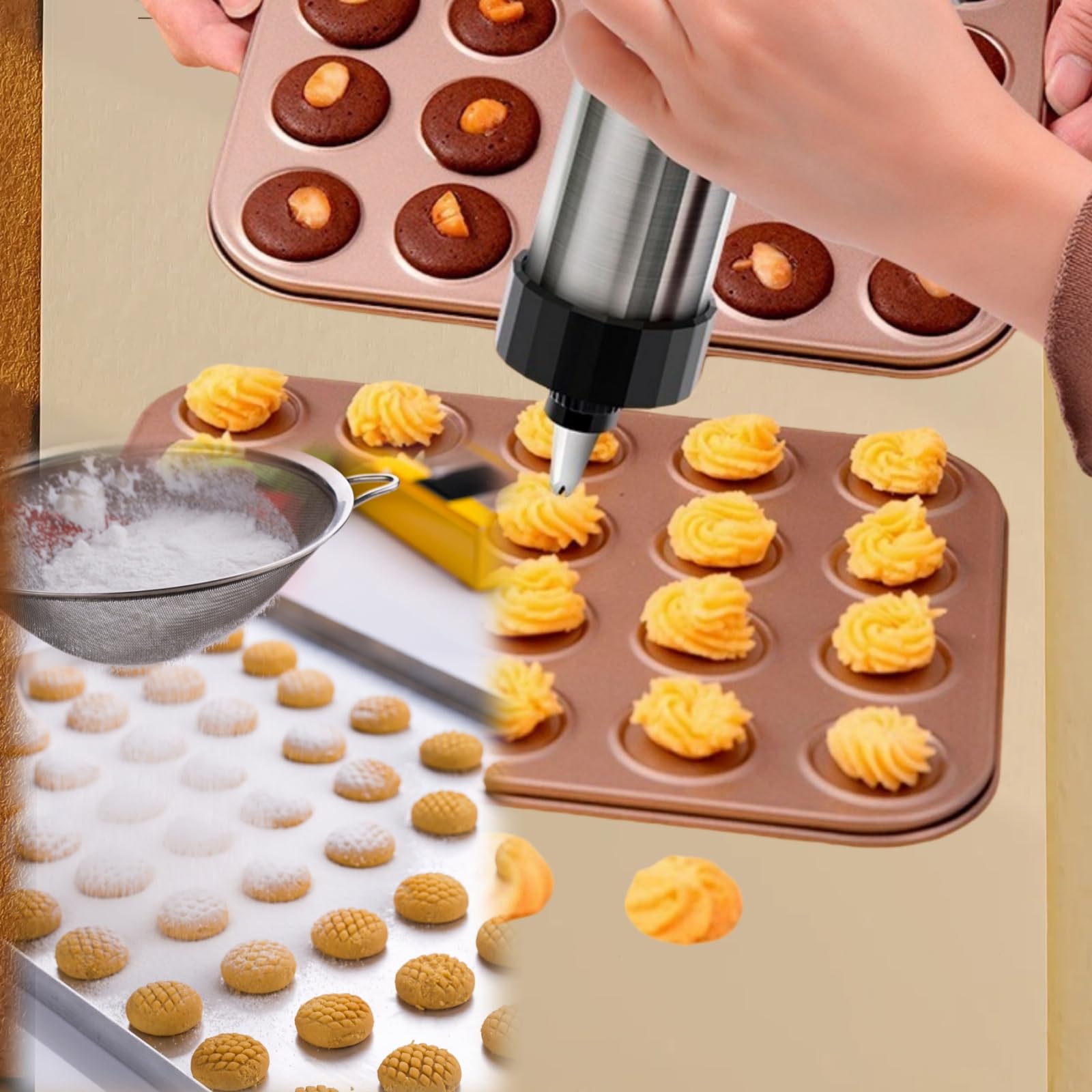 1 presse à pâtisserie professionnelle en acier inoxydable et seringue à garnir, 13 pochoirs, 8 douilles (seringue à pâte en acier inoxydable, seringue à pâtisserie en acier inoxydable,