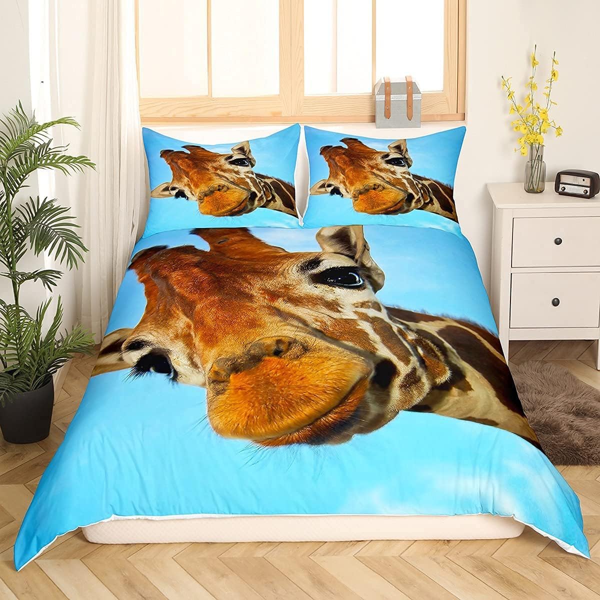 Loussiesd Giraffe Duvet Cover Junior/Cot Bed for Girls Boys 3D Safari Wild animals Bedding Set african Wildlife Print Comforter Cover Blue Brown Bedspread Microfiber Quilt Cover Zipper Cute 2 Pcs - Image 3