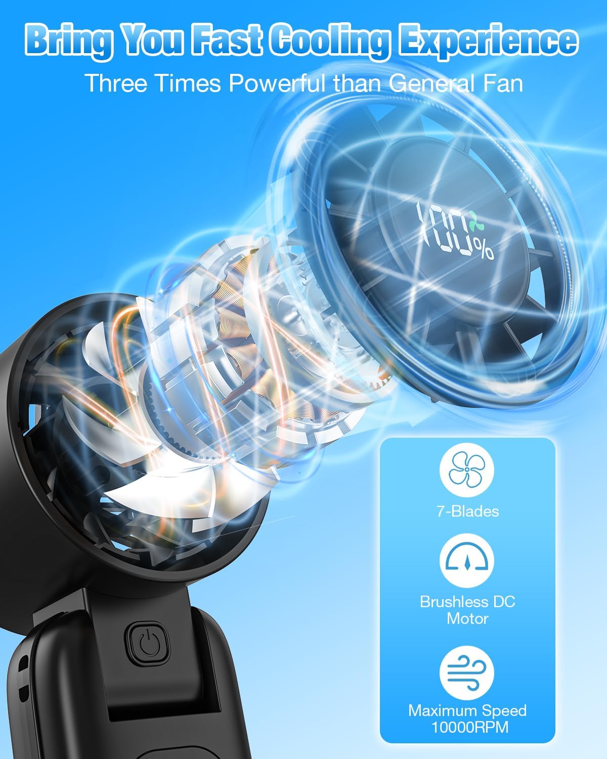 4 in 1 Handheld Portable Turbo Fan, 180° Foldable 6-Speed (1-100) Mini Fan, 5000mAh Rechargeable Battery Operated up to 15 Working Hours, LED Display Personal Cooling for Travel Indoor Outdoor (black) - Image 2