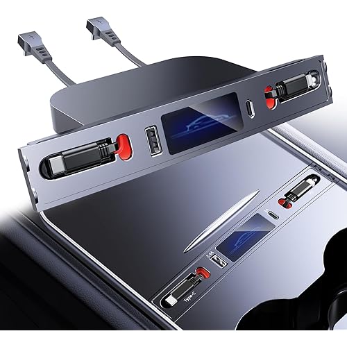 USB Hub for Tesla Model 3/Y(2024/2023/2022/2021), 4-in-2 Docking Station with 2 USB Port and 2 Type-C Port, Car Fast Charger and Data Transmission, Central Console Accessories for Tesla