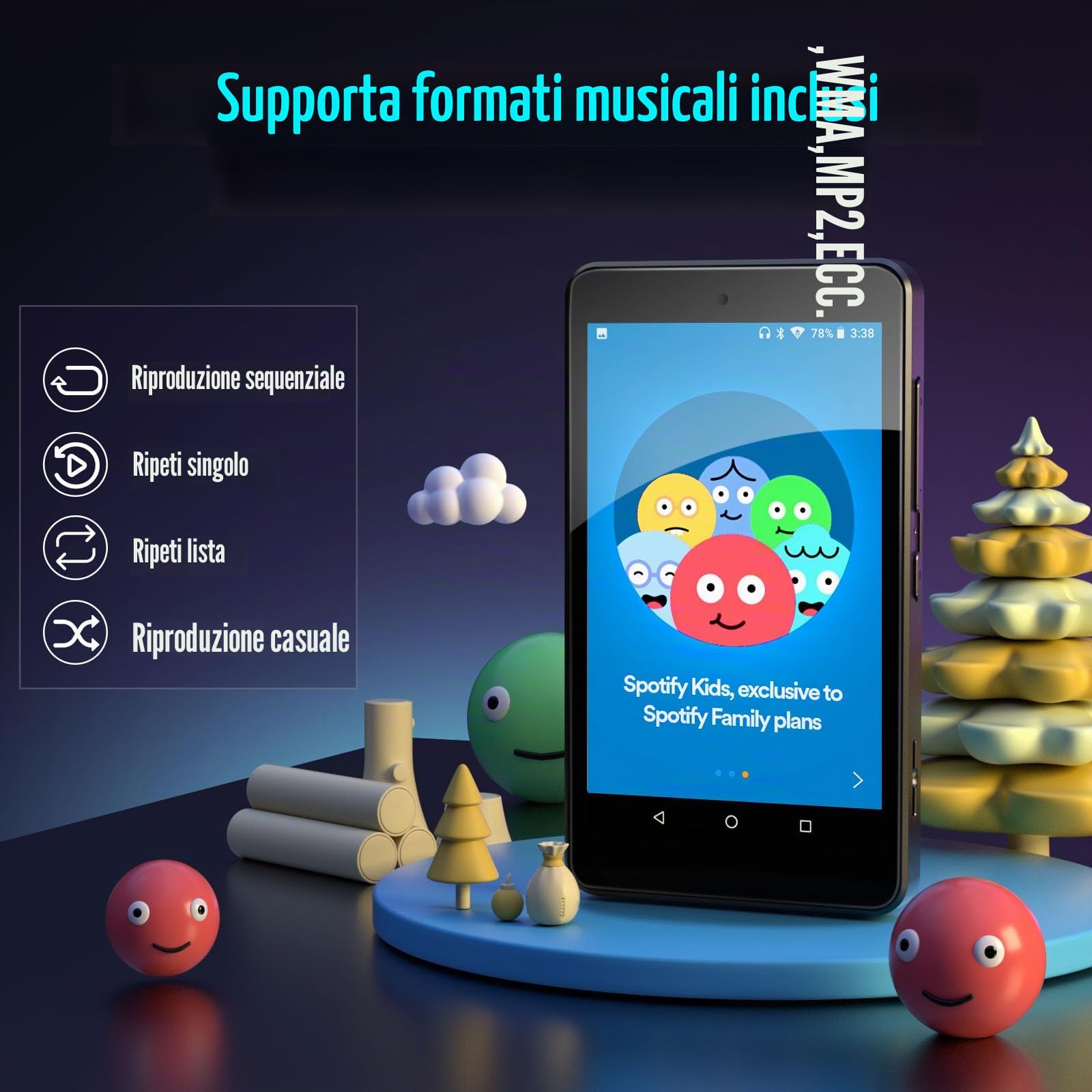 Lettore MP3 per bambini con controlli parenzali, Spotify Kids, Spotify, Audible, Amazon Music, Libby, Lettore musicale MP4 IPS da 4,0 pollici con capacità fino a 512 GB (Nero scuro)