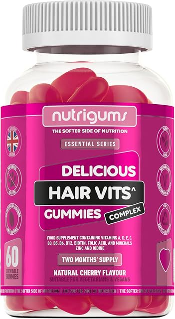 NUTRIGUMS® - Hair Vitamin Biotin Complex | 60 Vegan Cherry Flavour Gummies | Two Month Supply | Contains 12 Essential Nutrients with Biotin, Zinc & Vitamin A & C.