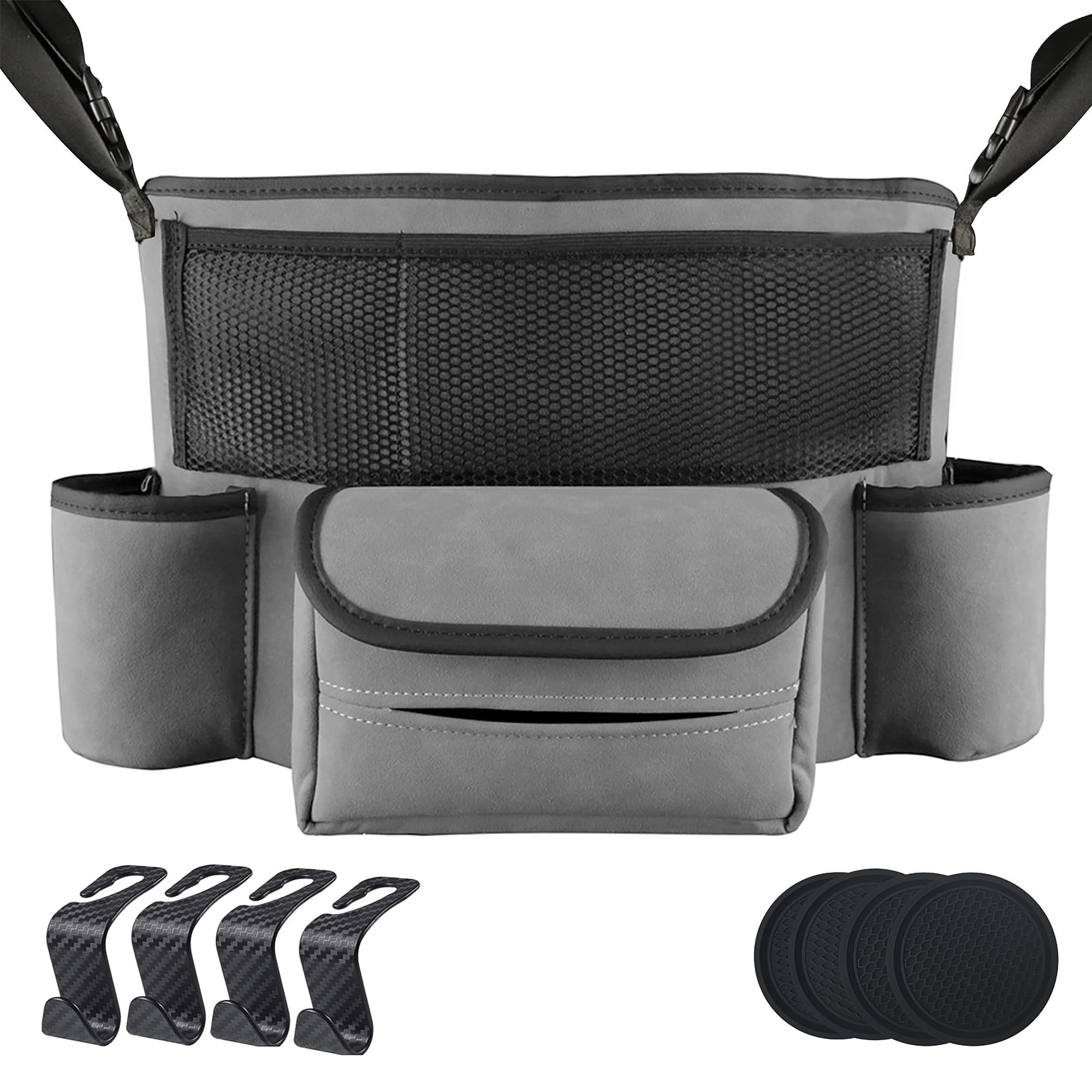 BREENHILL Car Handbag Holder Between Seats,Suede Large Capacity Car Purse Holder Automotive Consoles Organizers for Document,Phone,Cup,Napkin Storage Car Organizer(Grey)