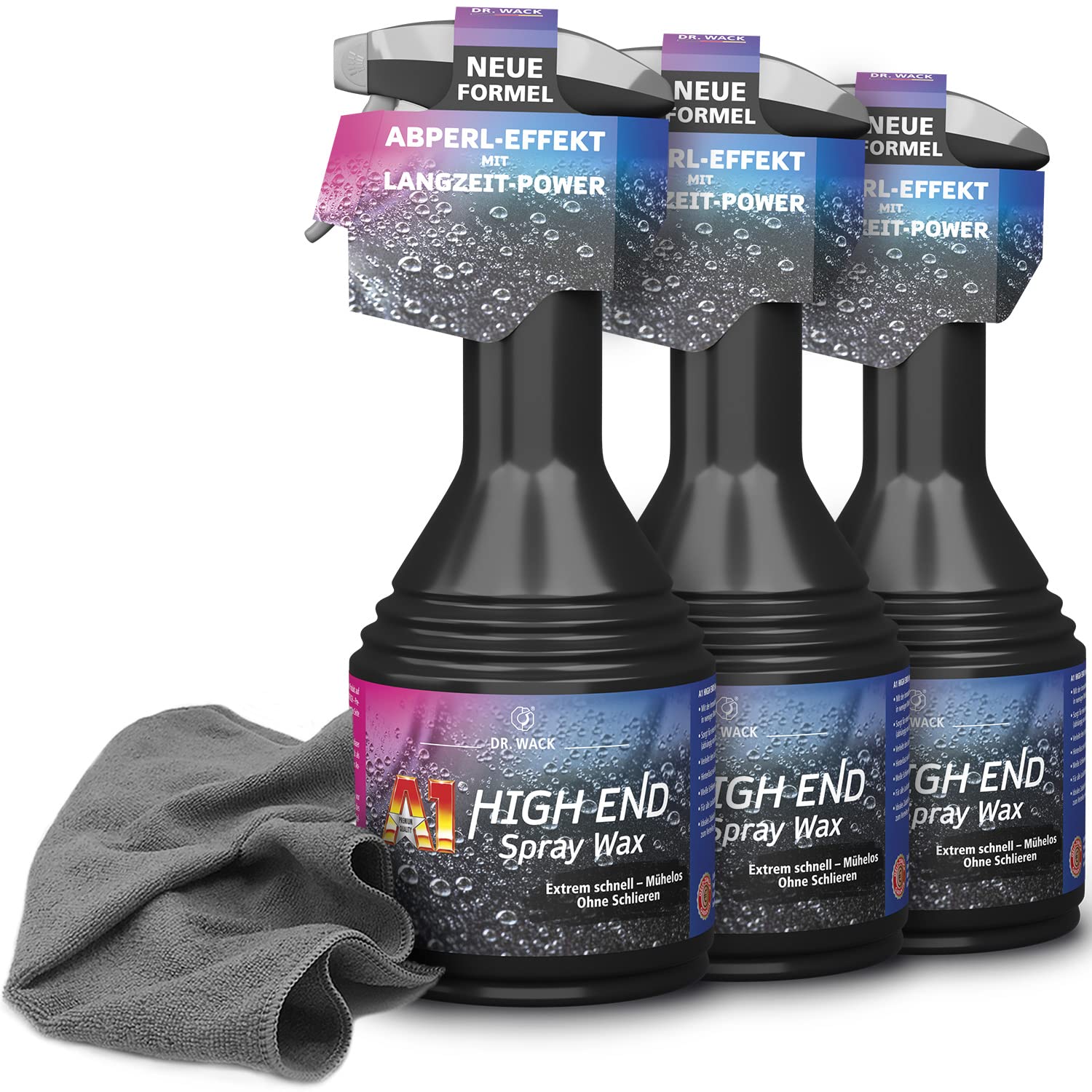 3x Dr. Wack A1 HIGH END Spray Wax 500ml Lack-Versiegelung, Wachsversiegelung + detailzone premium Felgentuch 300GSM 40x40cm