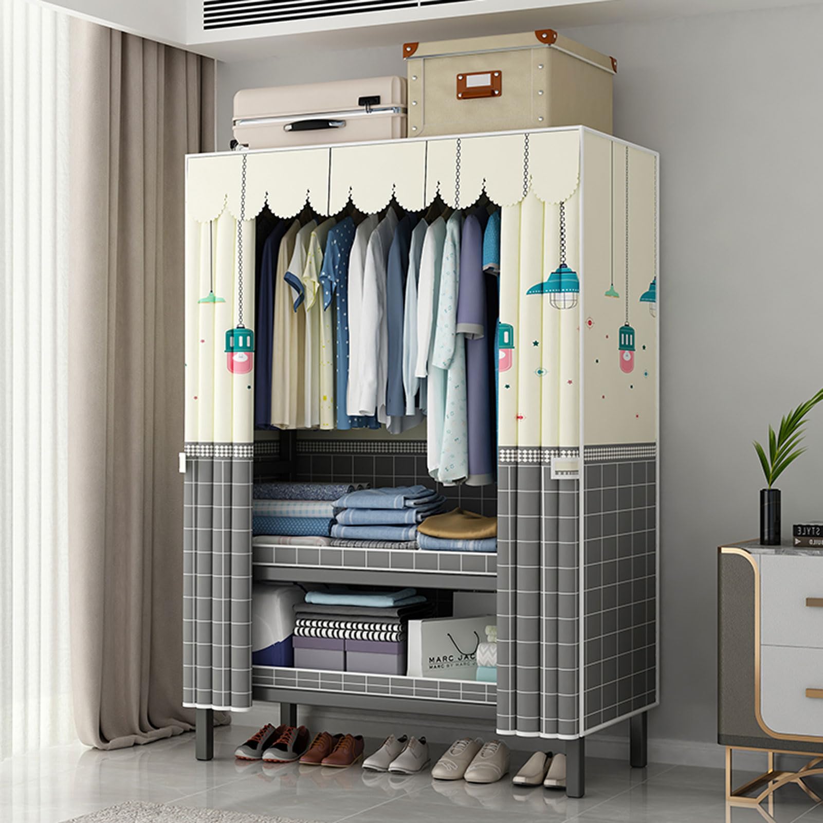 Armario de Tela con Puertas y Ruedas - Mueble de almacenaje para Dormitorio, Armario metálico portátil Impermeable con Funda de Tela de poliéster.