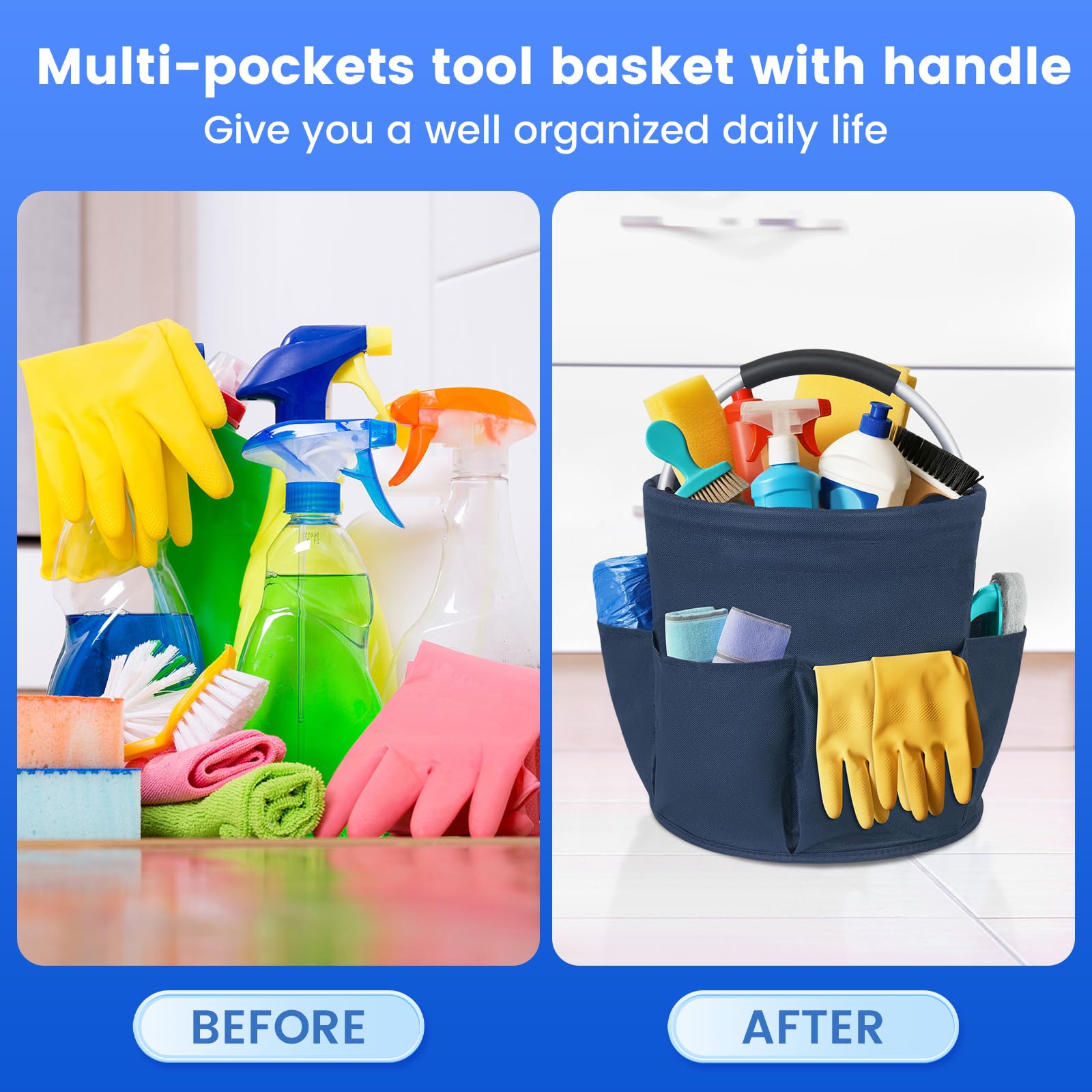 Carello Pulizie con Manico,2 Cestini Porta Atrezzi con 6 Tasche Esterne,Borsa Organizer Pieghevole Sacca Portaoggetti Borsa per Utensili di Pulizia,Contenitore per Pulizia Professionale,Blu