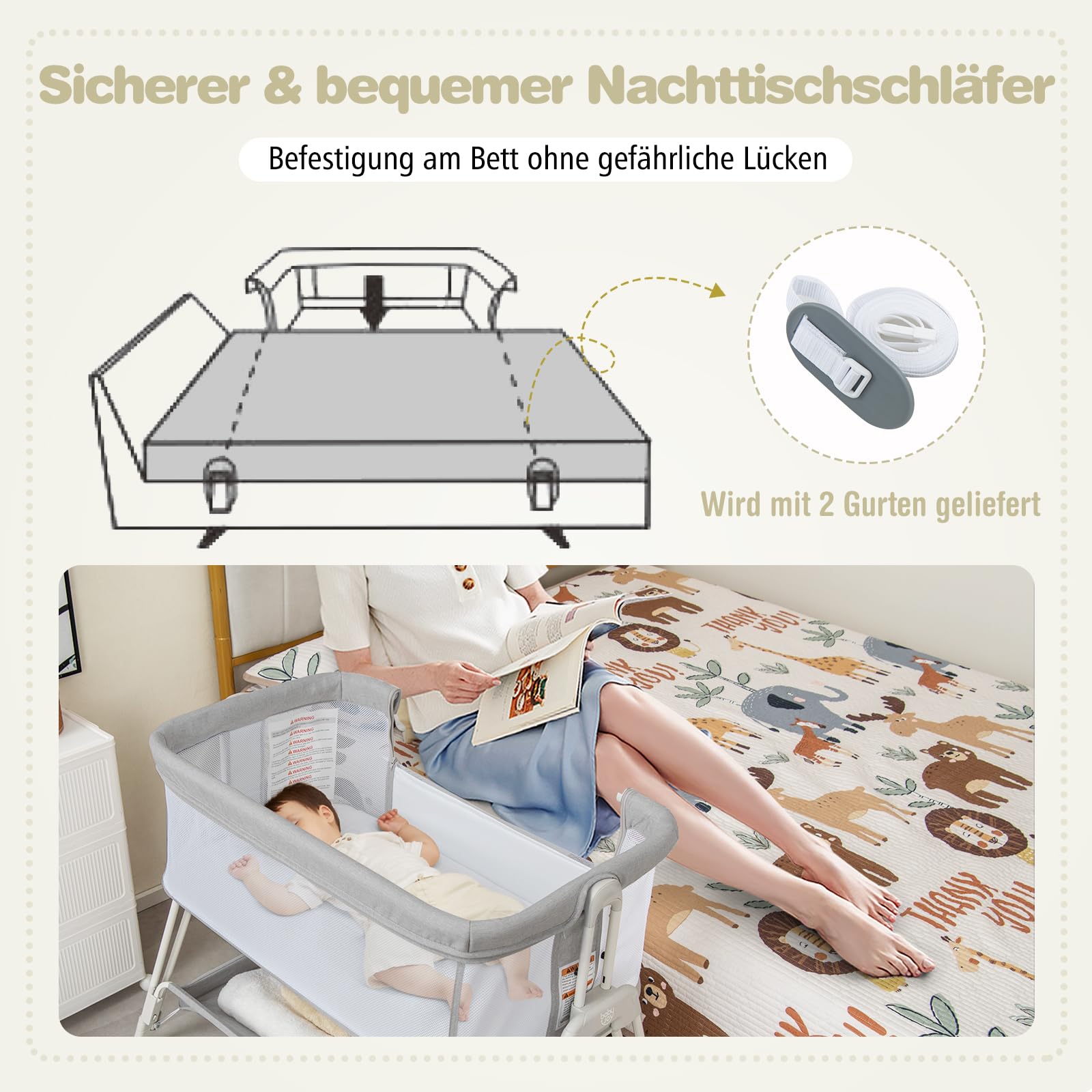 COSTWAY 2 in 1 Beistellbett & Stubenwagen klappbar, tragbare Babybett mit 7 verstellbaren Höhen & Matratze & Tragetasche & Gurte, verstellbare Reisebett für Neugeborene bis 6 Monate (Grau)