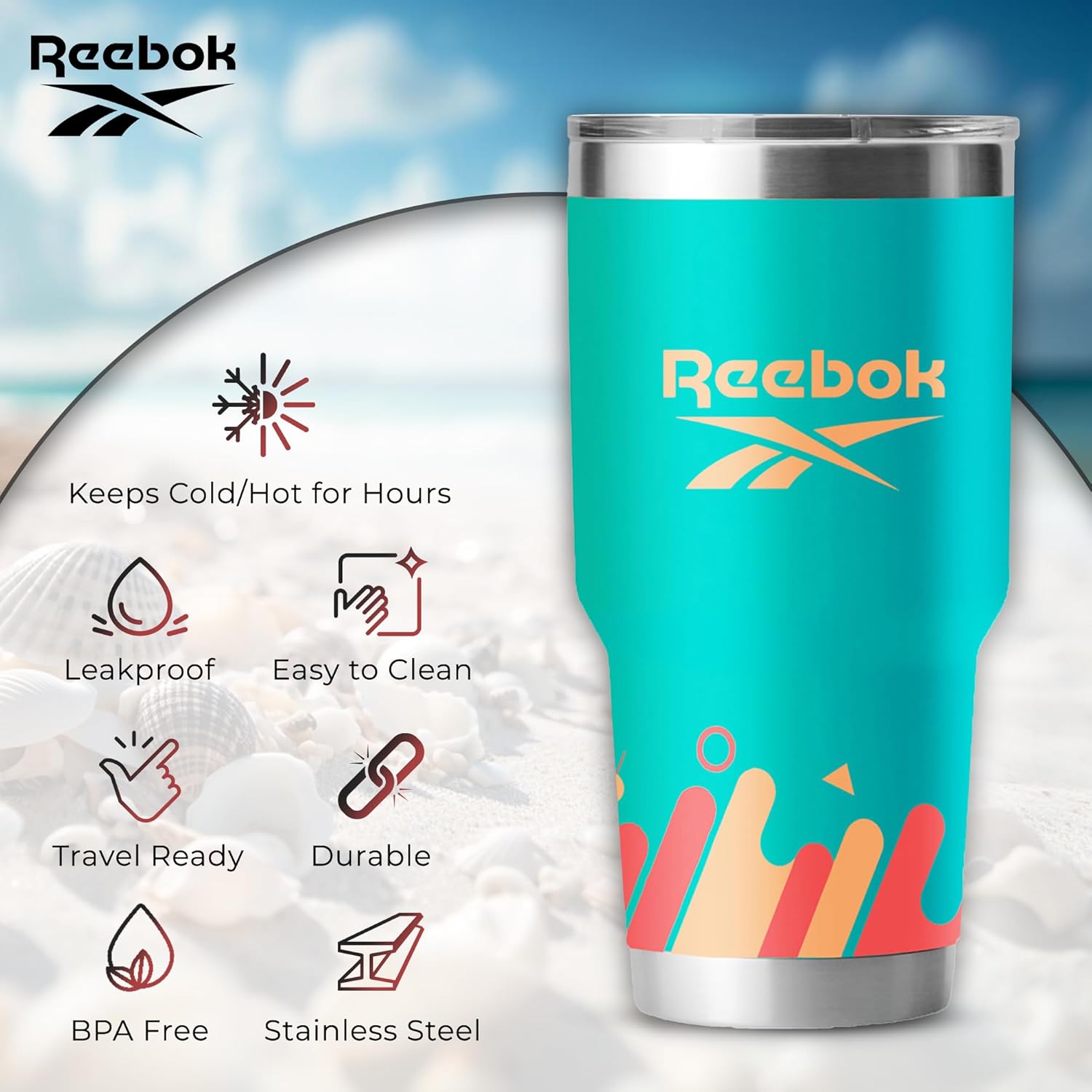 Reebok Lifestyle Stainless Steel Tumbler | Leak Proof with Double Wall Vacuum Insulated Travel Mug with Lid & Straw for Hot, Cold & Iced Beverages | BPA Free, Ideal for Daily Use (40 oz, Teal)