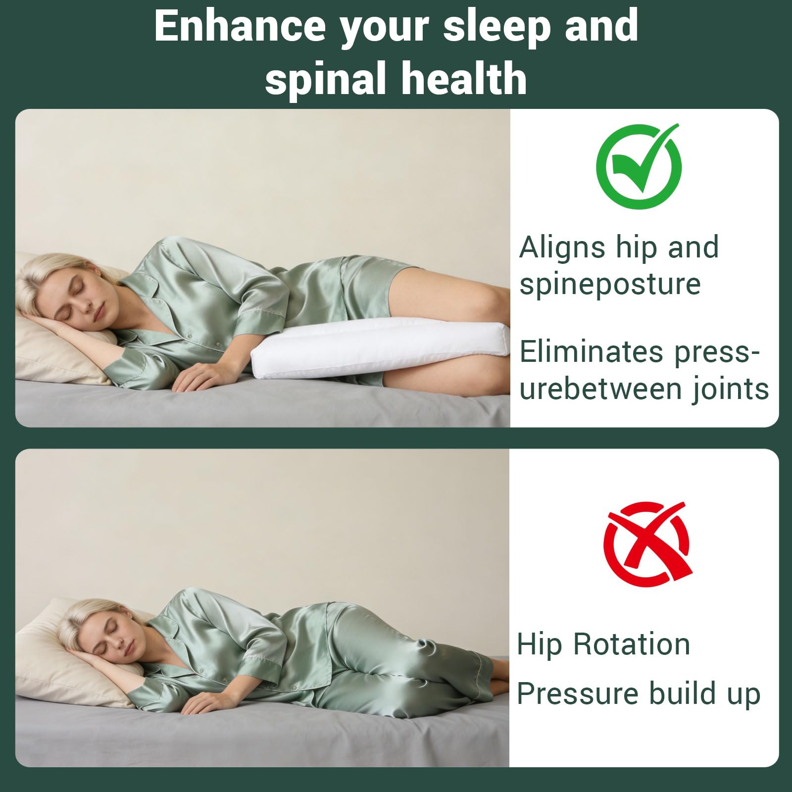 Almohada de rodilla para dormir de lado, almohada ergonómica para piernas sin correas de algodón, almohada extra larga para dormir de lado para aliviar la tensión de las caderas y las piernas