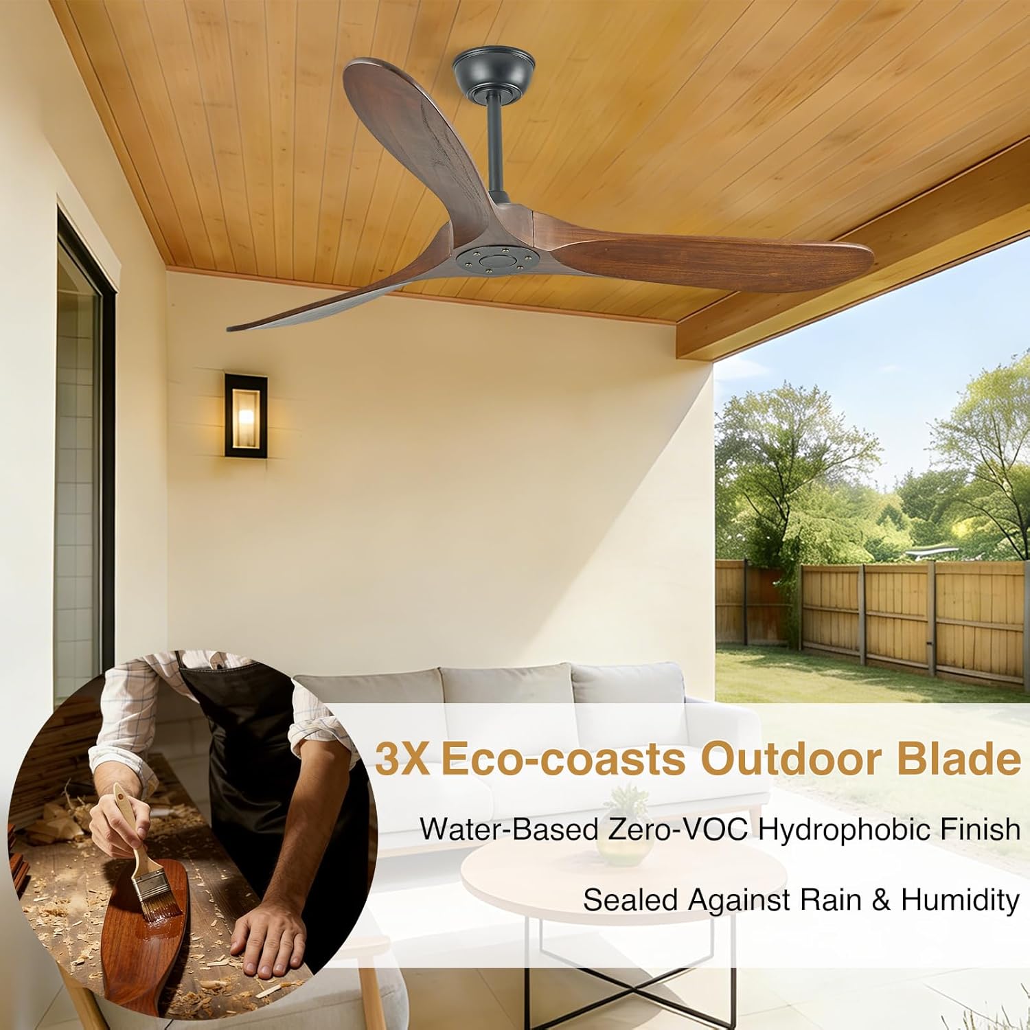 60" Wood Outdoor Ceiling Fan No Light,ETL Listed Farmhouse Outdoor Ceiling Fans for Patios with Remote,3 Blade Low Profile Propeller Fan with Quiet Reversible DC Motor for Exterior Patio Porch(Walnut)