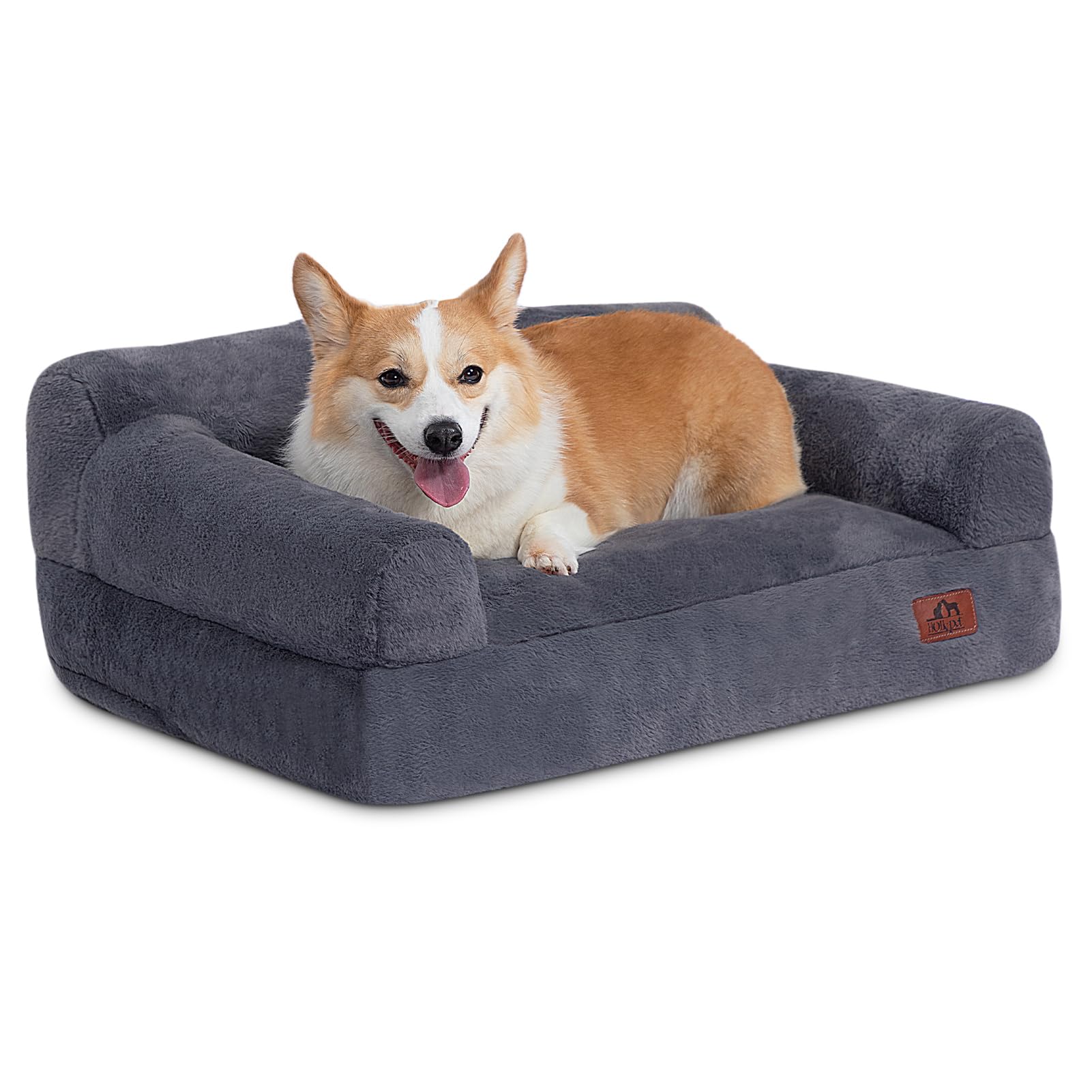 Hollypet Fluffy Plush Dog Cat Pet Couch Soft Calming Sofa Bed for Medium Small Cats and Dogs, Gray, M