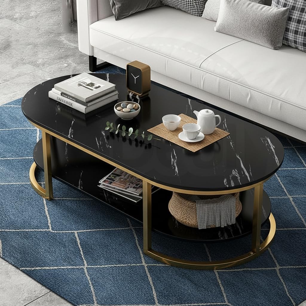 Modern 2-Tier Coffee Table with Marble Finish Top, Metal Frame, Rectangular Center Table with Storage Shelf for Living Room, Bedroom, Office (Golden Black)-image-25
