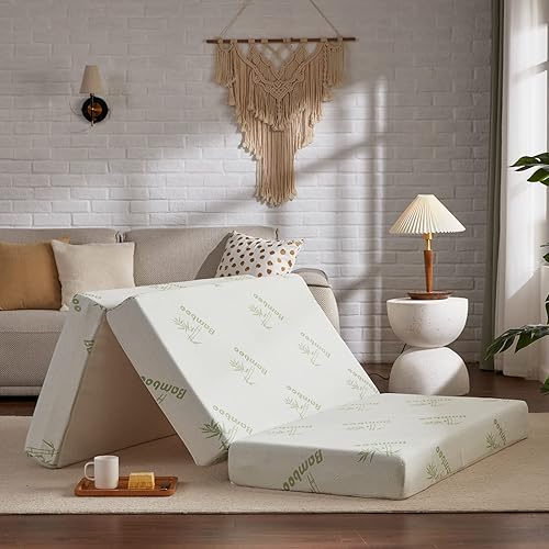 Miniatura 21 de SINWEEK Colchón plegable de espuma viscoelástica, cubrecolchón plegable de 4 pulgadas, cama de invitados certificada CertiPUR-US con funda de