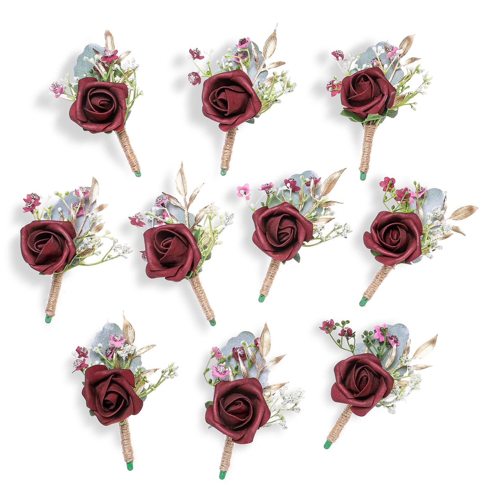 YSUCAU Boutonnieres de boda para hombre, boda, novio y padrinos de boda, para otoño, estilo rústico, vintage, boda, graduación, juego de 10 (10, burdeos)