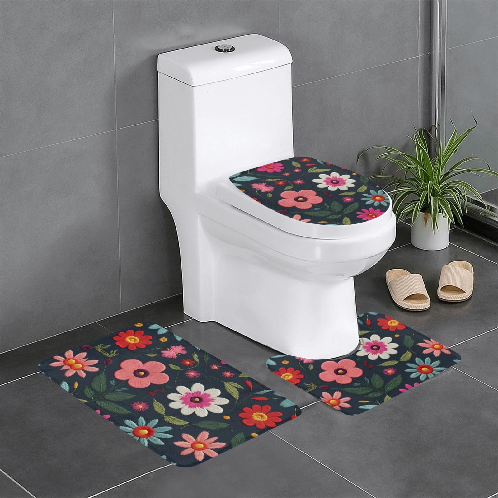 Tapis de salle de bain brodés lot de 3 avec motif floral 61x40 cm