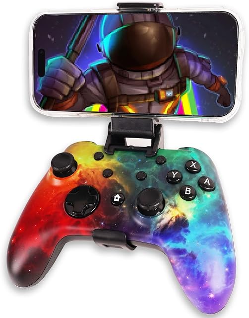 Wzuicov Bluetooth & Wired Game Controller – Gamepad for Switch, iPhone/iPad, Android, PC & More | with Phone Mount, 2x USB-C Cables & C-A Adapter (Red&Blue Star)