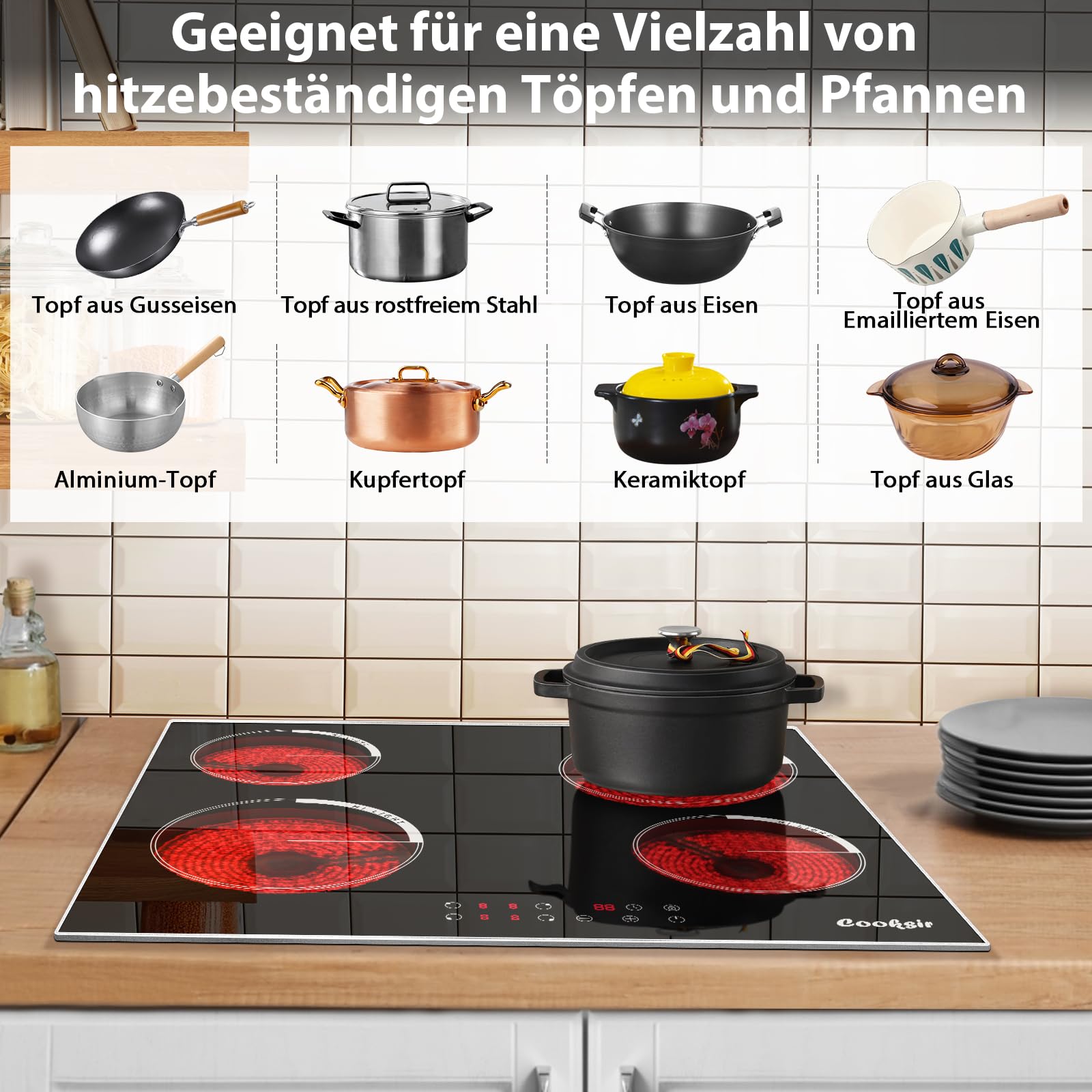 Glaskeramikkochfeld 4 Platten 60cm Einbau Kochfeld Autark 6000 Watt 9 Leistungsstufen Edelstahlrahmen Sicherheitsschloss 220V