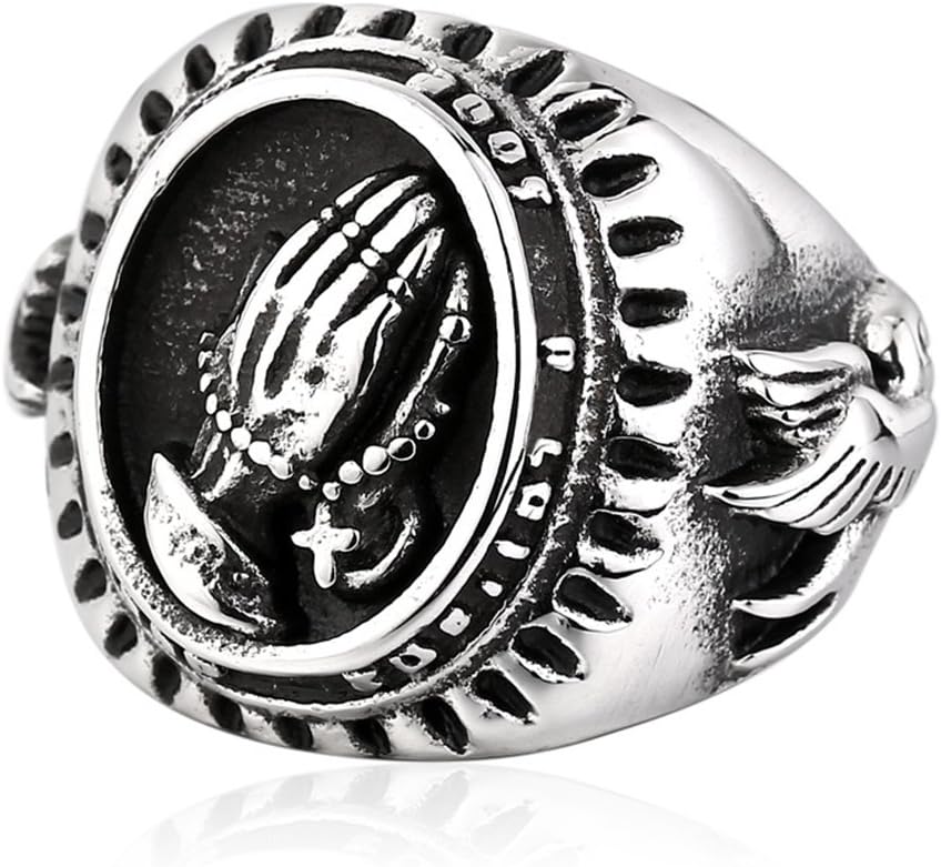 Men's Vintage Gothic Stainless Steel Rings Prayer Hand of Virgin Mary Punk Biker Rings Size 7-13