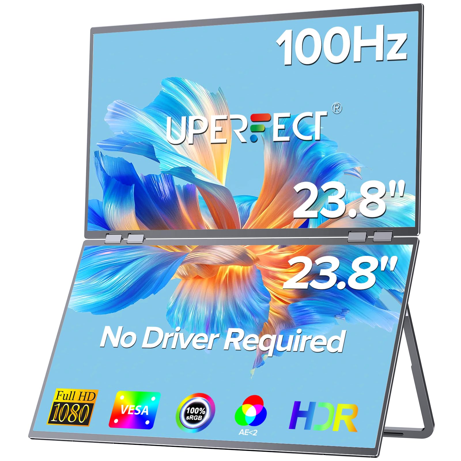 UPERFECT Delta - Monitor Dual portátil de 23,8 Pulgadas, 100 Hz, 1080P HDR 360°, Plegable, con Soporte y VESA, para Ordenador portátil, PC, teléfono, Consola de Juegos (no Necesita Controlador)