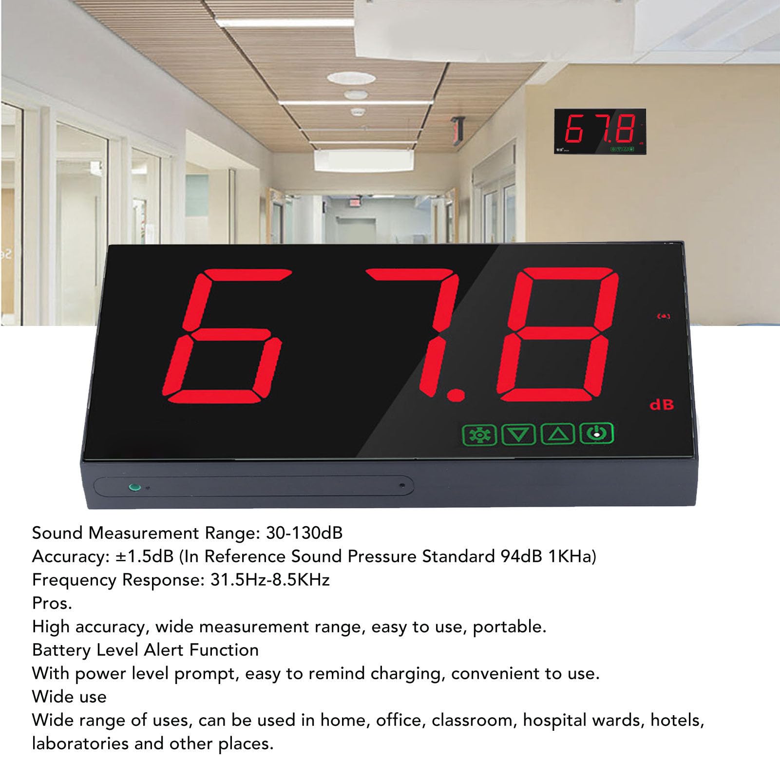 Misuratore di Decibel Montato a Parete, Alta Precisione Misuratore di Rumore Digitale USB 30‑130 DB Display a LED Fonometro Digitale con Funzione di Allarme, Misuratore di Rumore