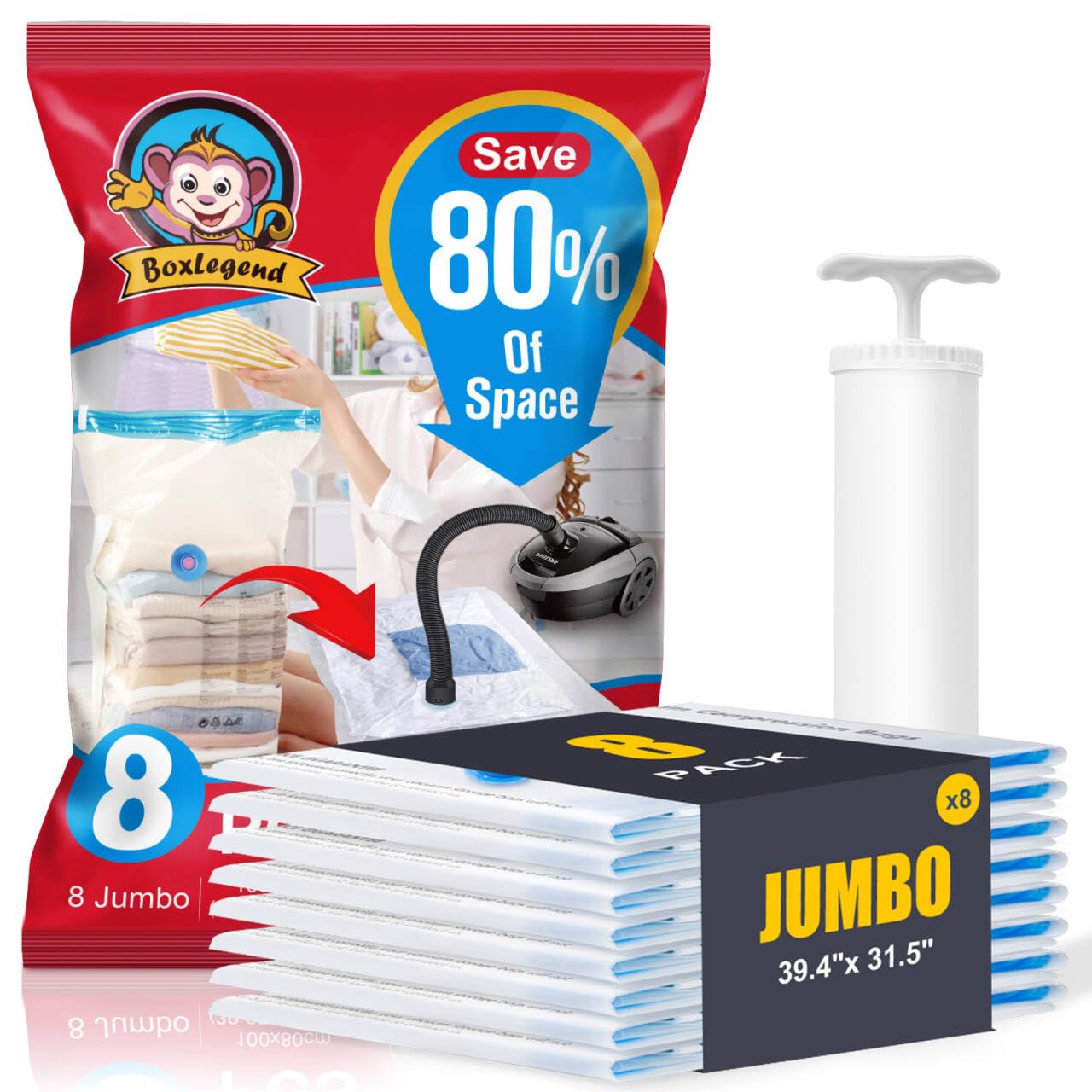 BoxLegend Vacuum Storage Bags with Large Size Hand Pump 8 Jumbo 31.5’’x39.37’' Thickened Vacuum Seal Bags for Clothing Space Saving Vacuum Pack
