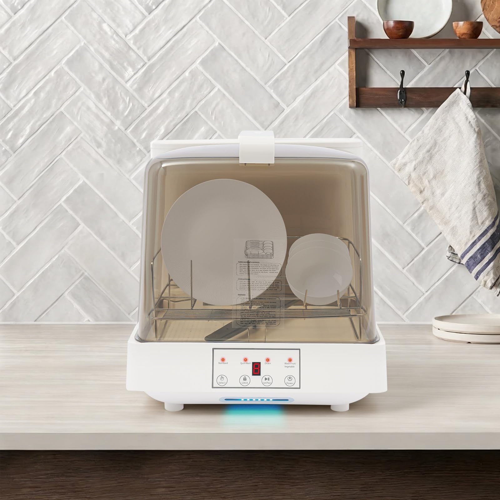 Lavastoviglie da tavolo Mini serbatoio d'acqua da 8 l, 3 programmi di pulizia, pulizia a 360°, sicurezza bambini, controllo touch, lavastoviglie compatta portatile per casa, campeggio, roulotte