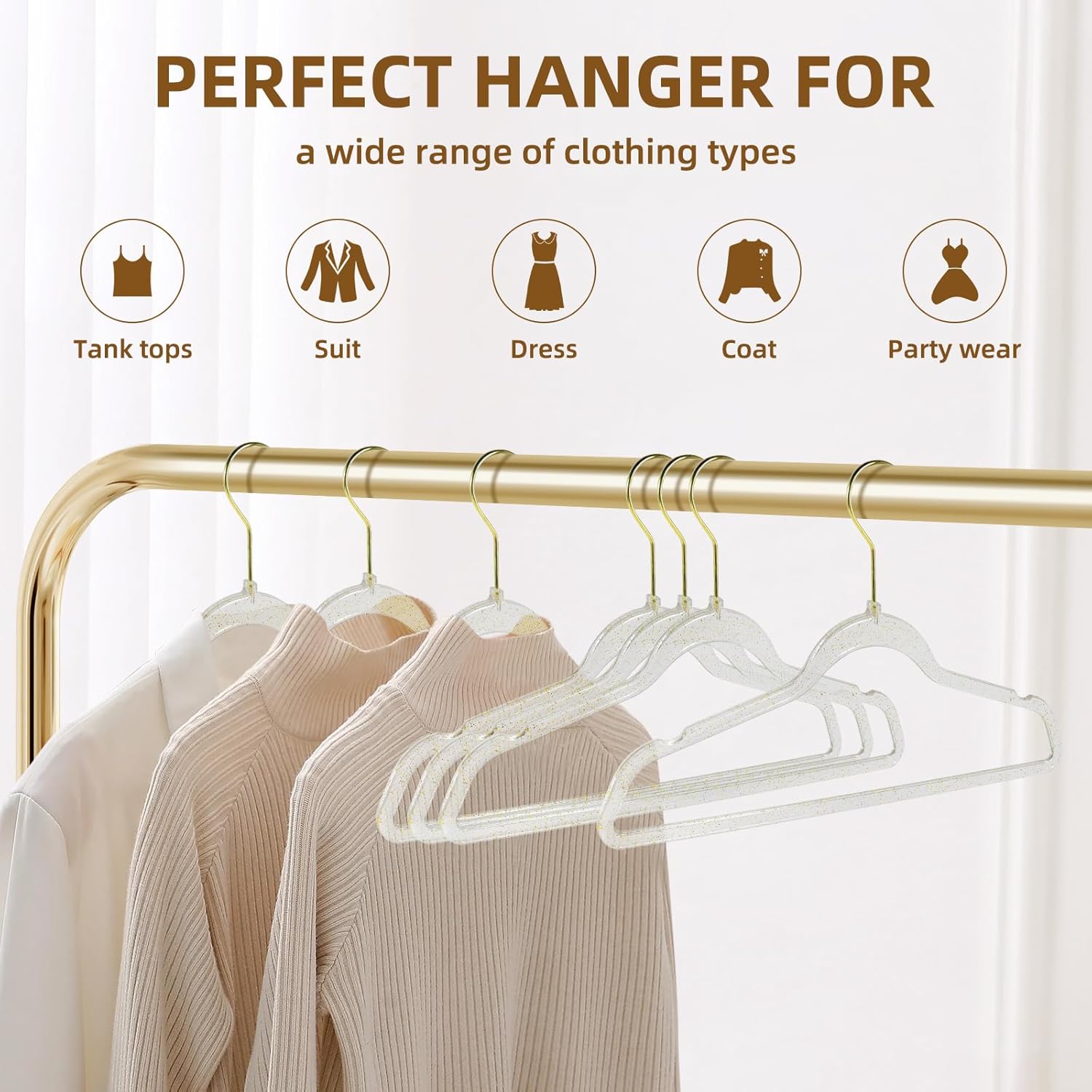 Clear Plastic Hangers - 20 Pack Non-Slip Coat and Clothes Hangers with Bling Glitter for Weddings - Lightweight and Space Saving Closet Organization (Gold Glitter) - Image 6