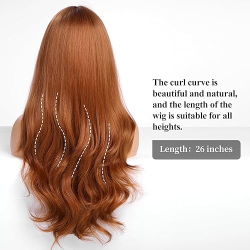 Miniatura 3 de HAIRCUBE Peluca castaño rojizo con flequillo para mujer, peluca de pelo largo ondulado rizado, pelucas sintéticas para niñas, uso diario en fiestas,