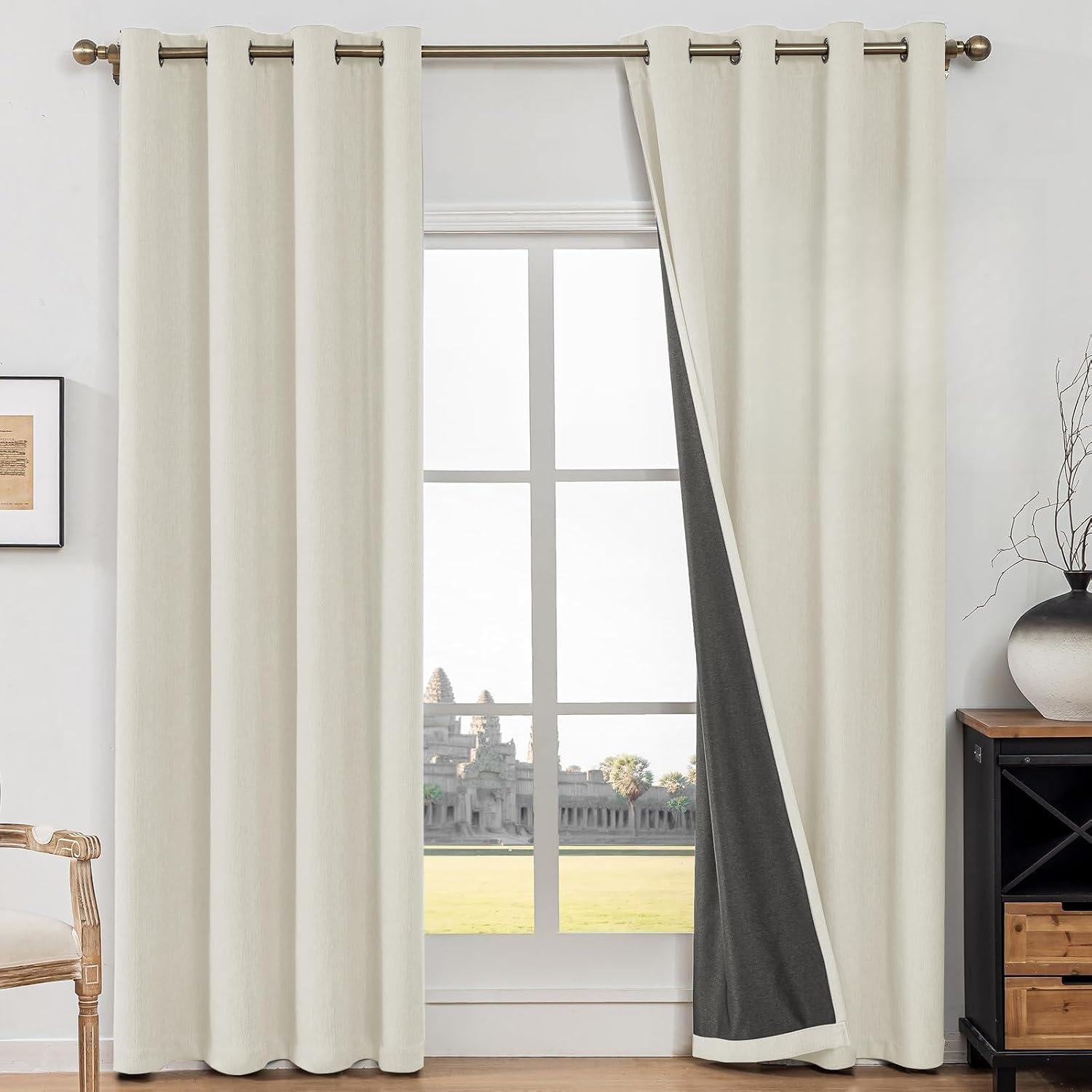 100% Cortinas Opacas 2 Piezas, 140x260cm, Cortinas Falso Lino, Cortinas Termicas Aislantes Frio Y Calor, Cortina Antiruido con Trabillas Modernas, para Salon, Dormitorio, Beige Claro