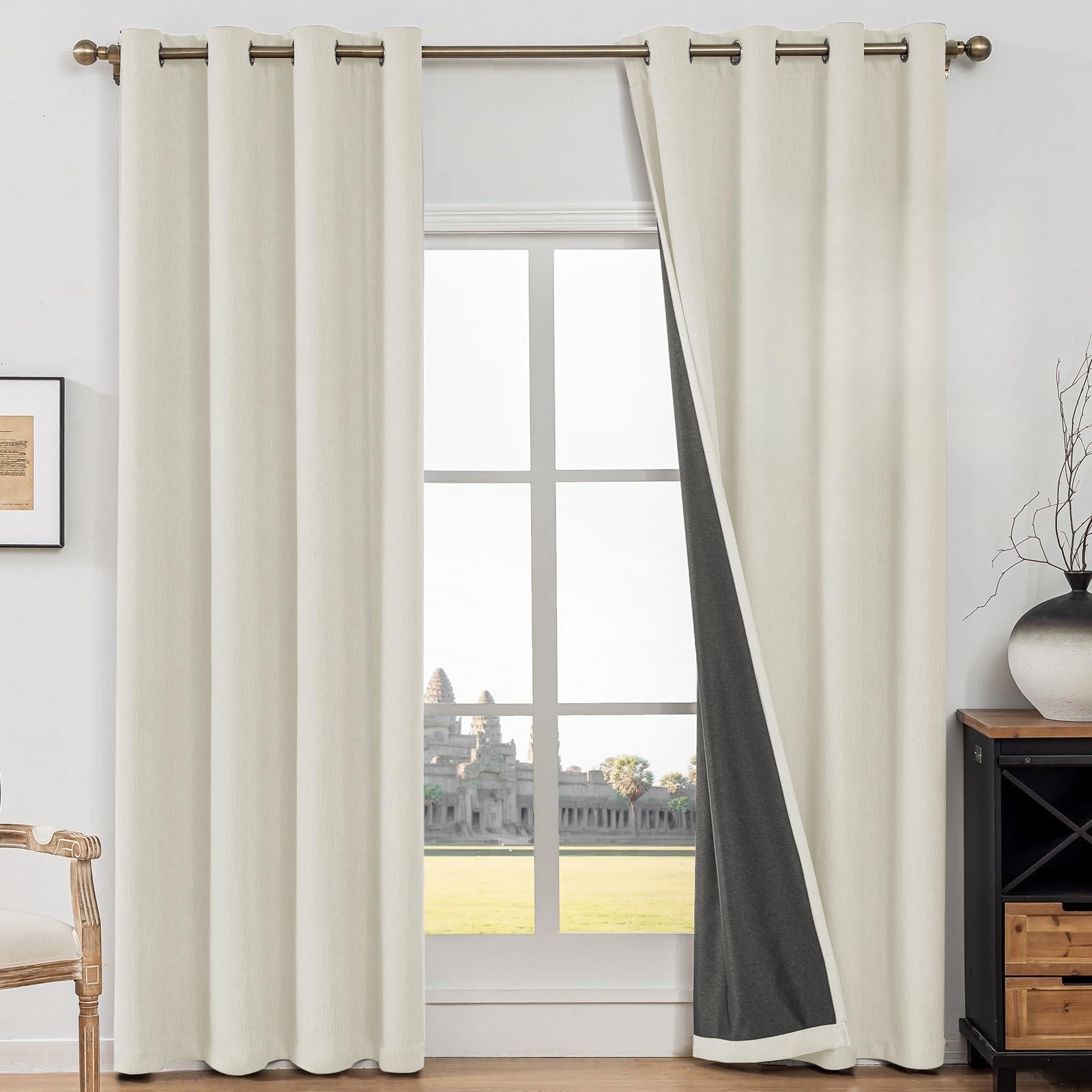 Verdunklungsvorhänge Falscher Leinen 2er Set, 140x300cm, Kälteschutz Thermovorhang, Vorhang Blickdicht Mit Ösen, Lärmschutzvorhang, Schallschutz Vorhang, Vorhänge Schlafzimmer, Hellbeige