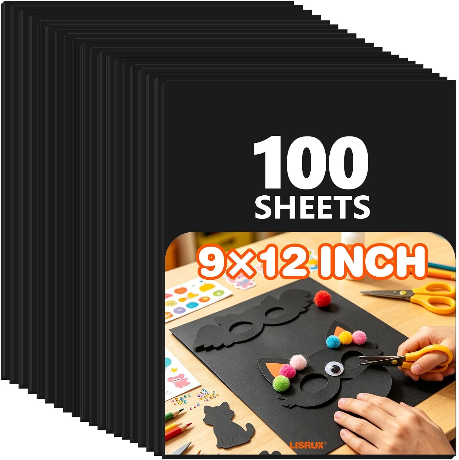 Black Construction Paper, 100 Sheets, 9" X 12", 80GSM, Black Craft Paper